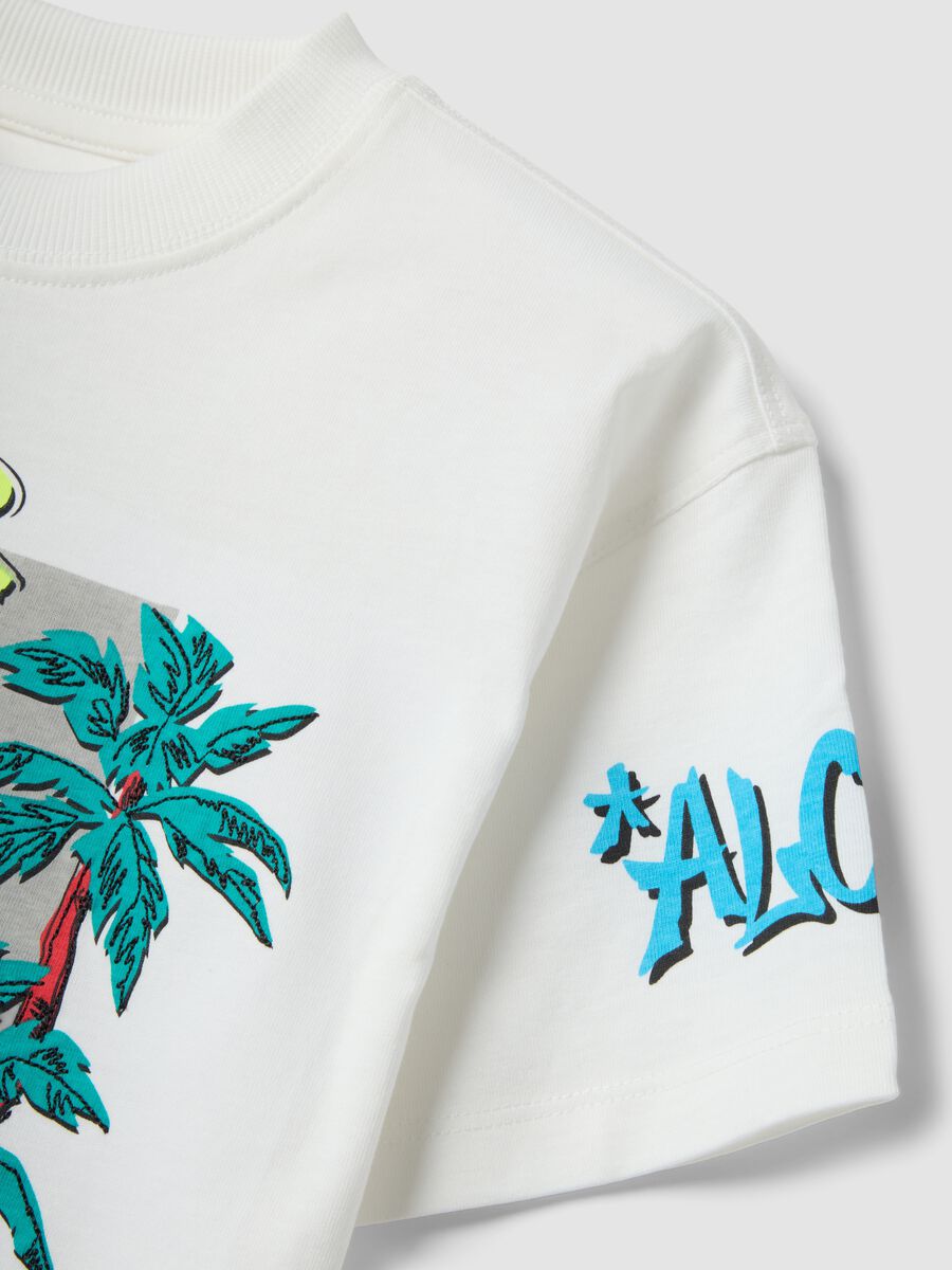 White pure cotton T-shirt with tropical print_2