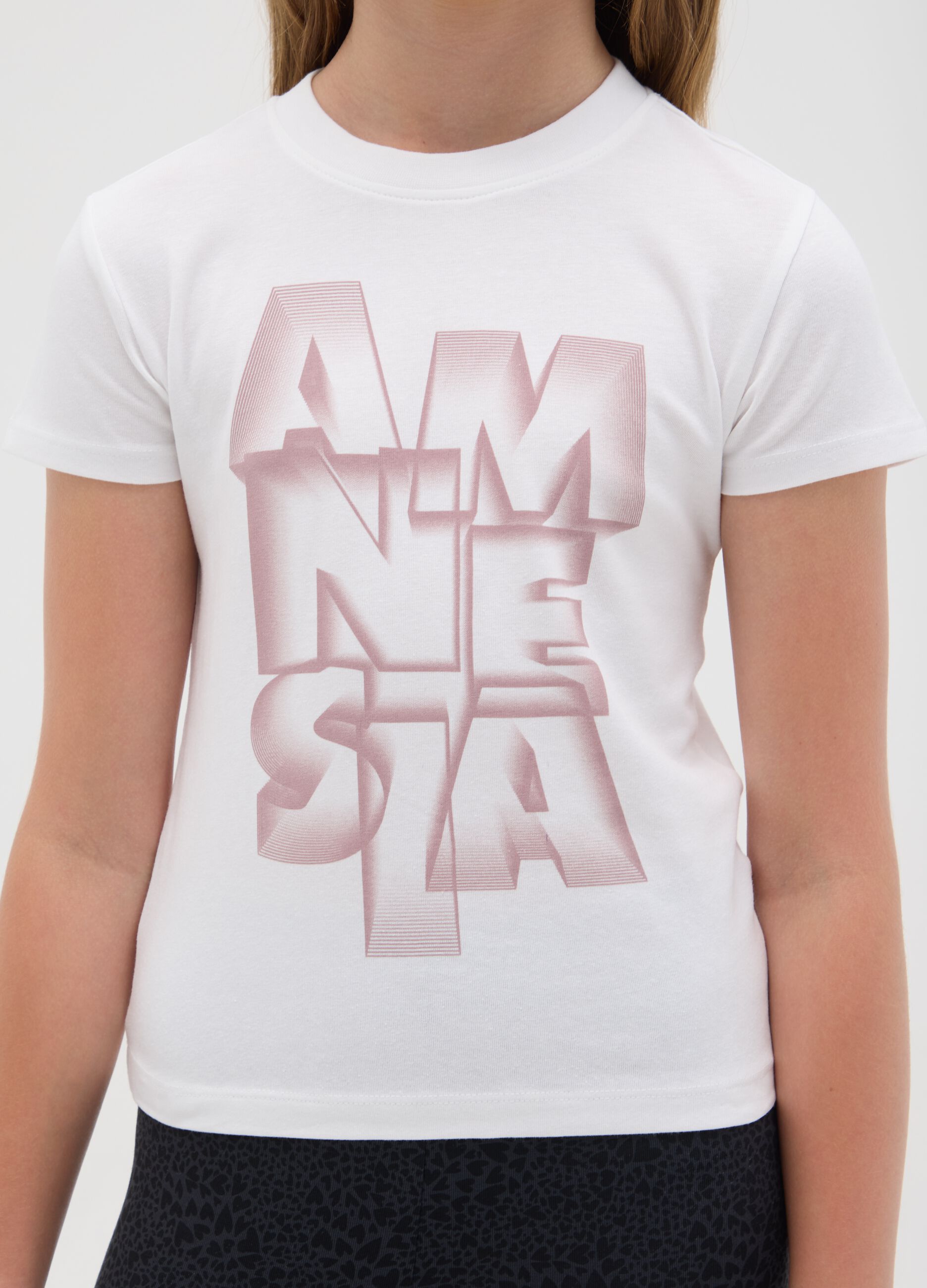 White stretch cotton T-shirt with print