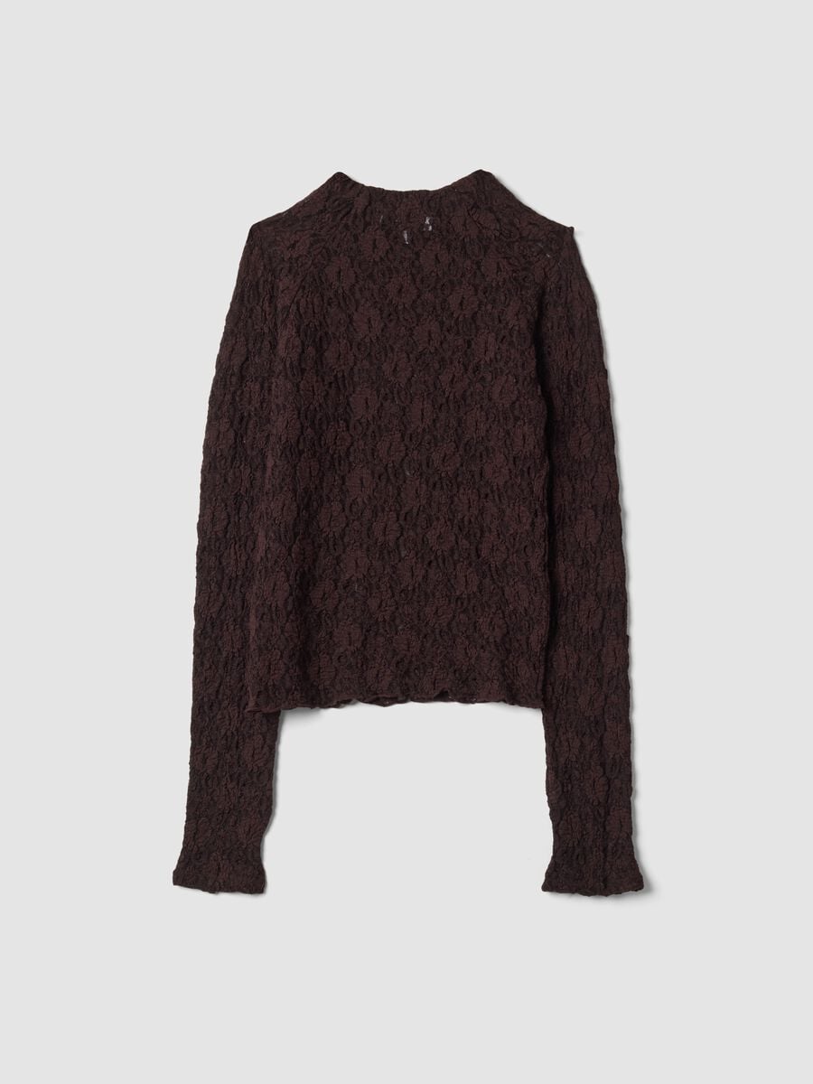 T-shirt marrone in tessuto elasticizzato traforato con colletto rialzato_6