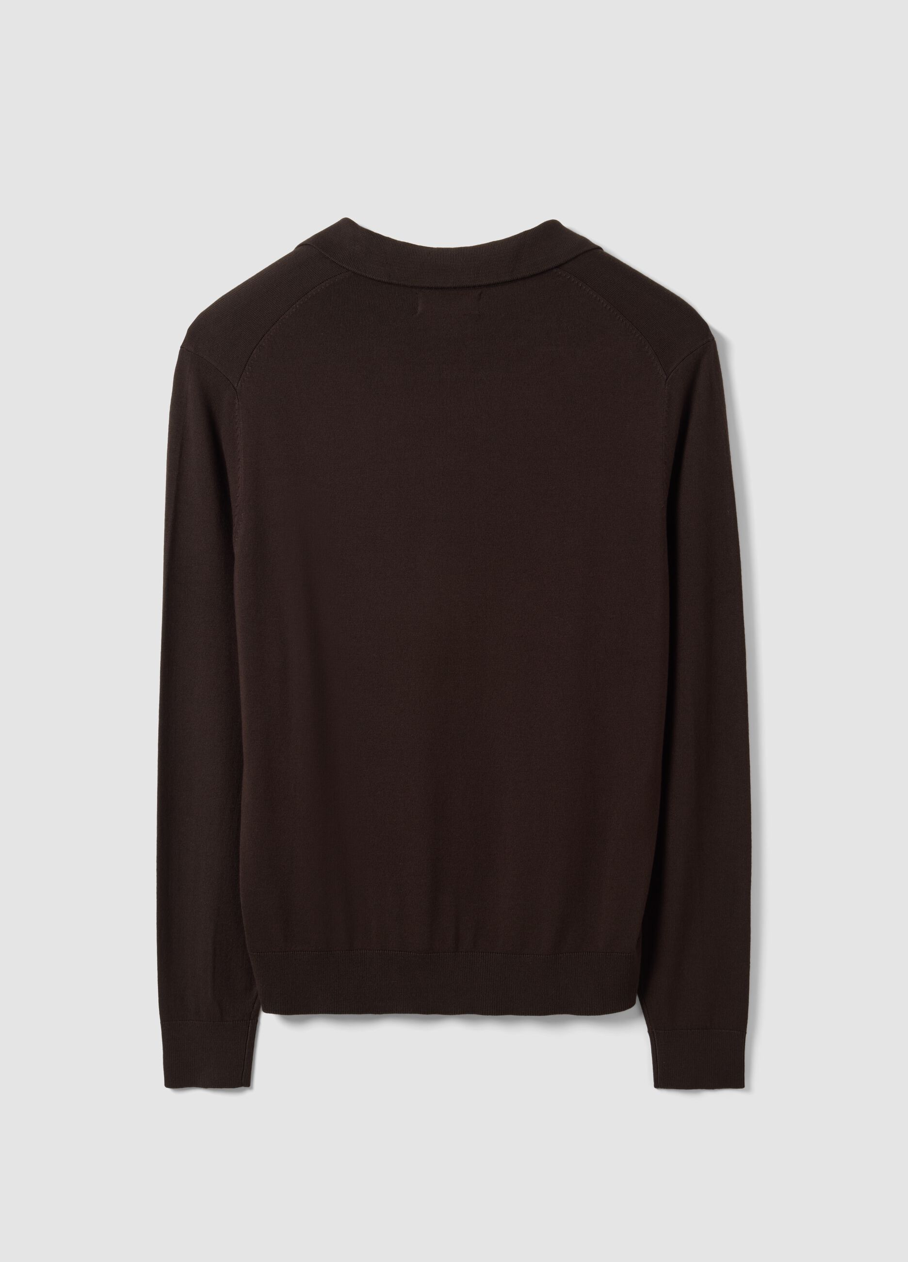 Brown viscose-blend V-neck polo with collar, regular fit