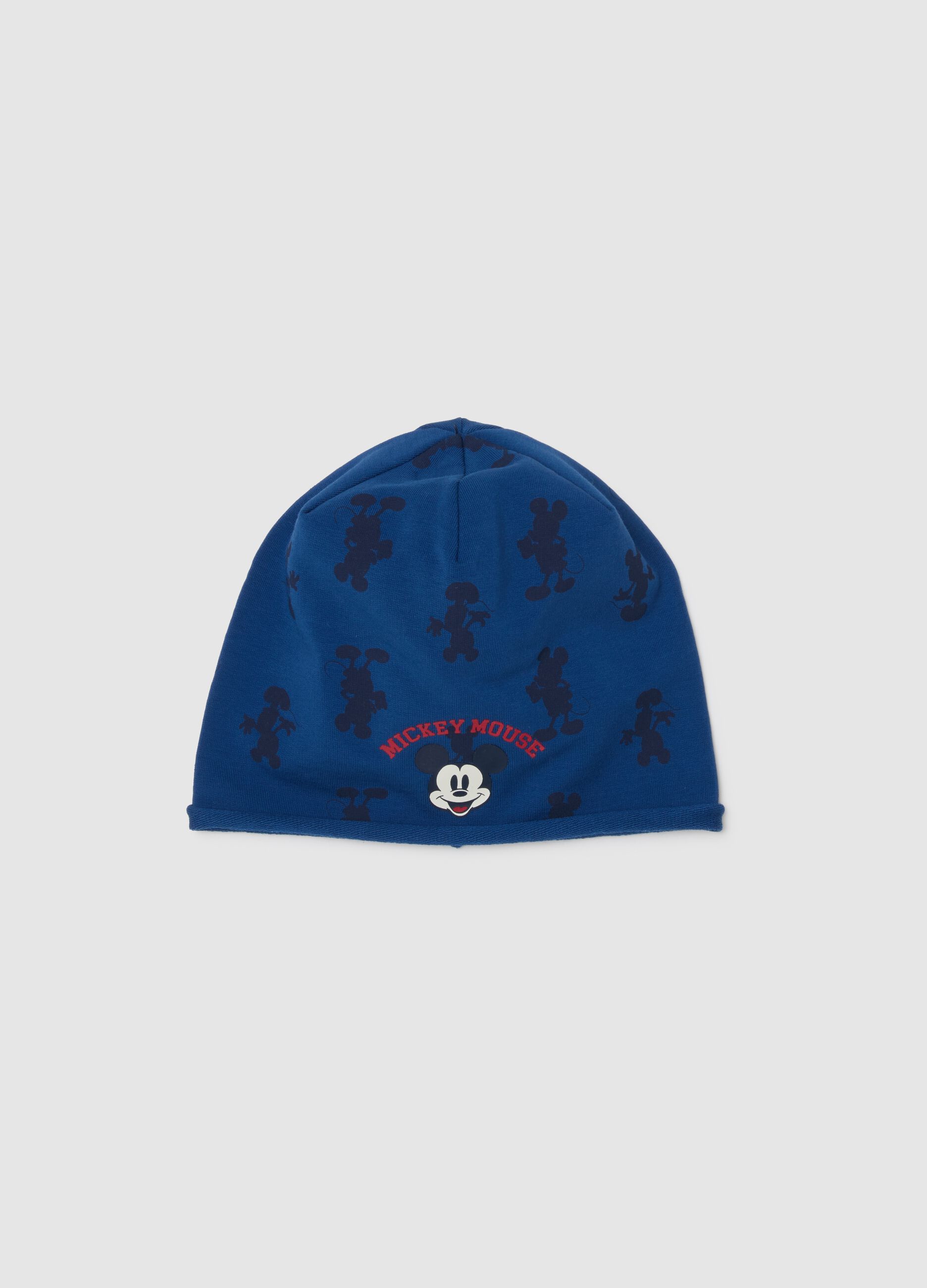 Blue elasticated cotton child&rsquo;s hat with Mickey Mouse print