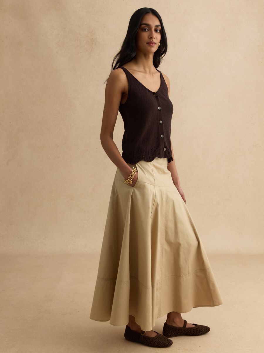 Brown cotton blend regular fit tank top with buttons_1