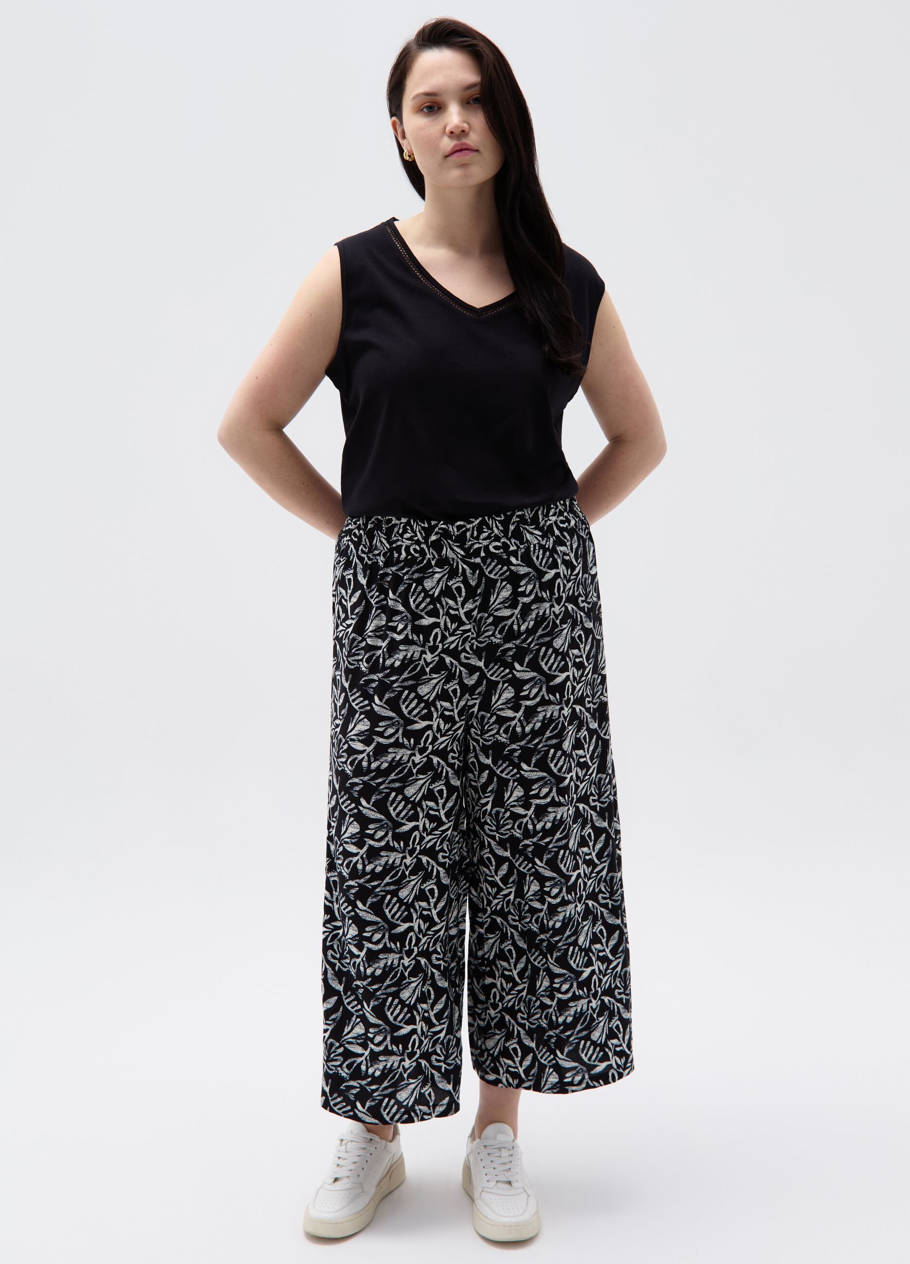 Pantalone wide leg crop con stampa Curvy