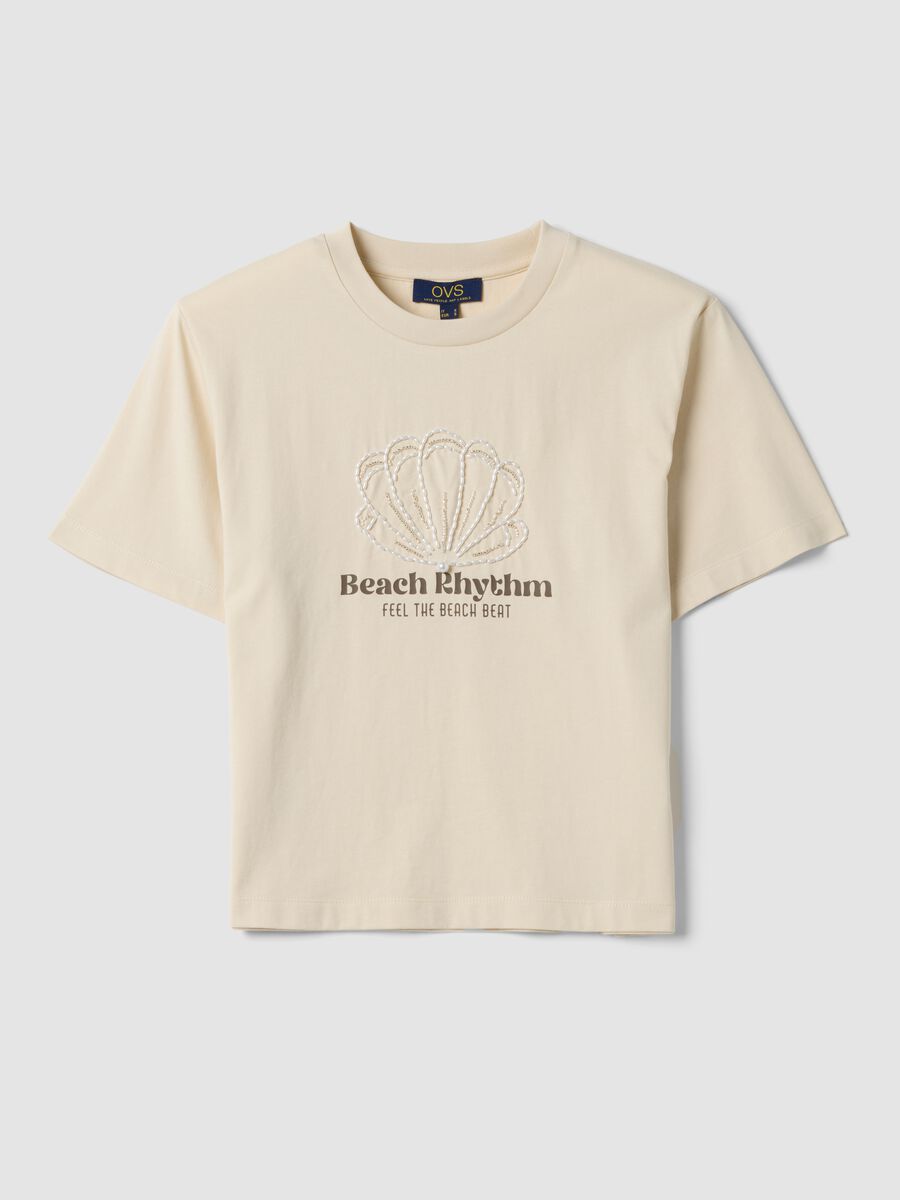 Beige short-sleeved pure cotton T-shirt with embroidery_0