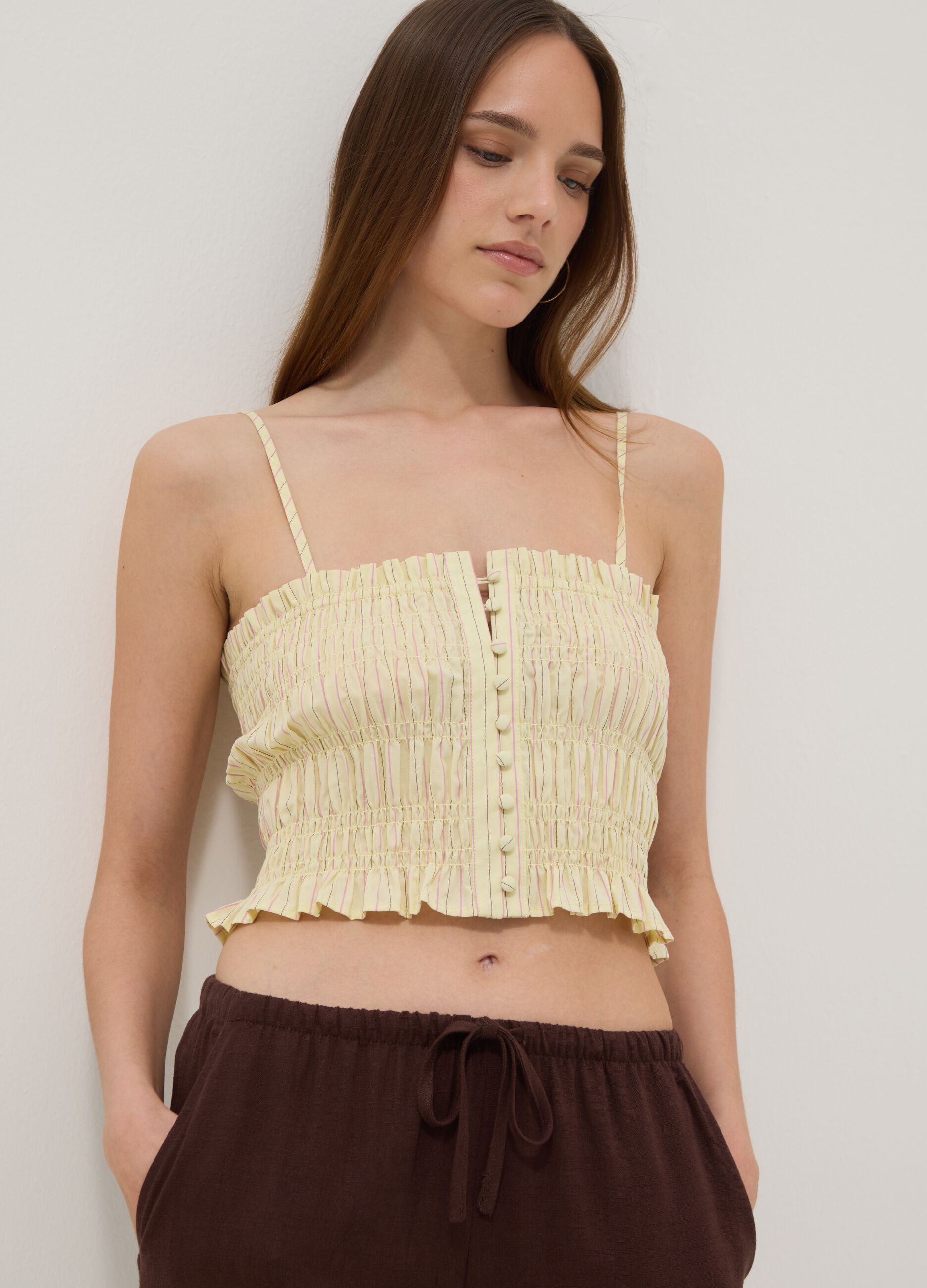 Yellow pure cotton tank top with ruched finish