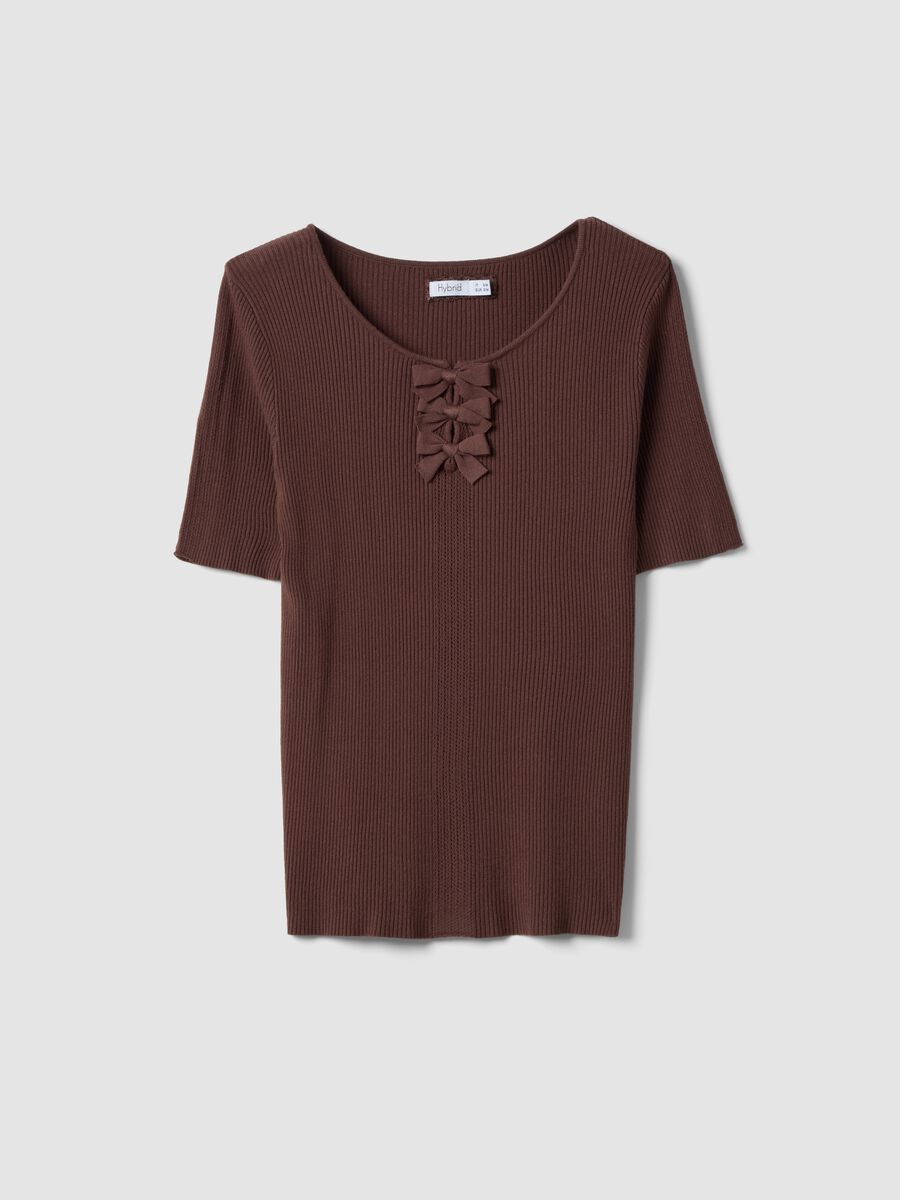 Brown regular fit viscose blend T-shirt with bows_4