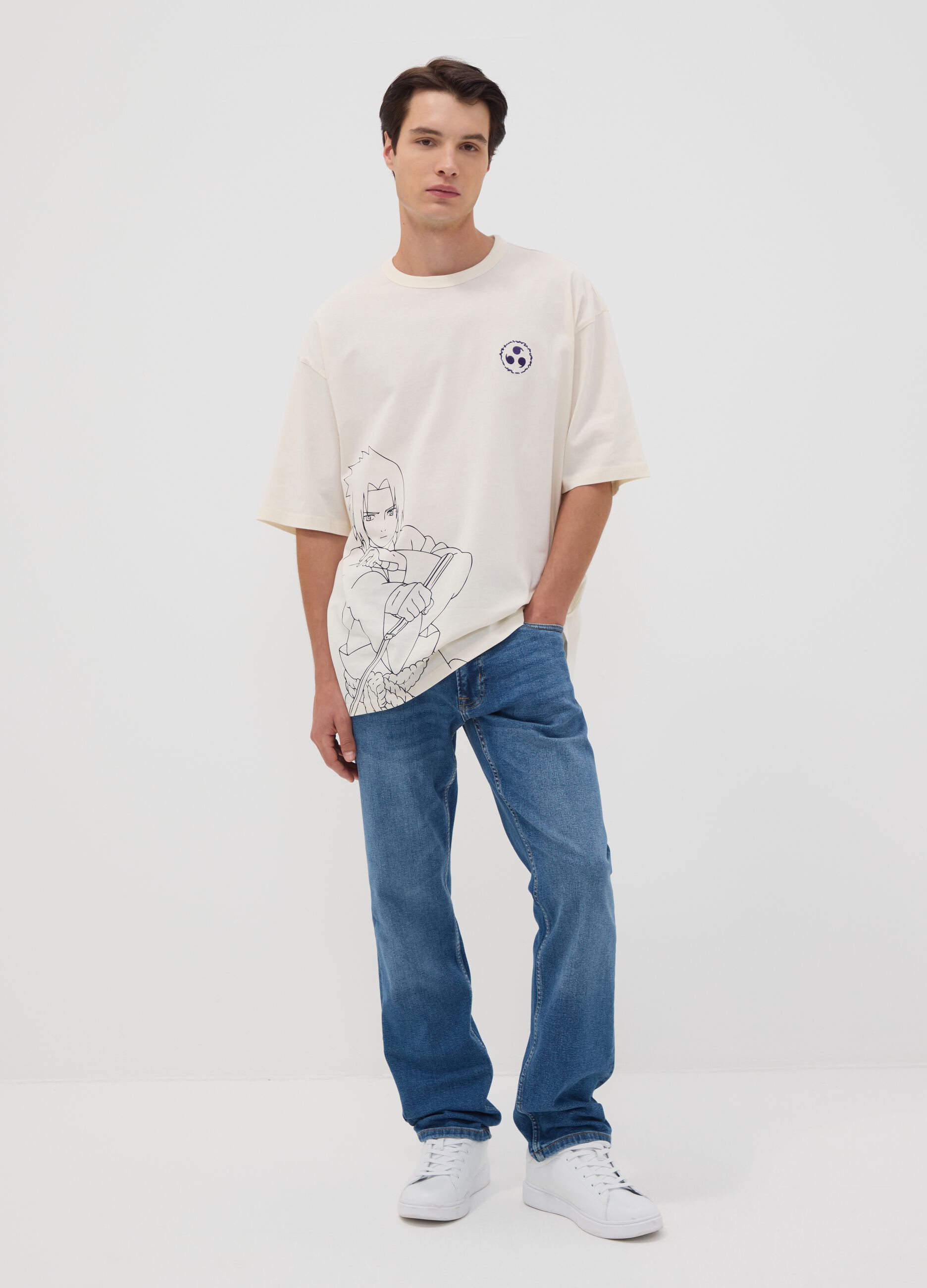 White oversized pure cotton Naruto print T-shirt