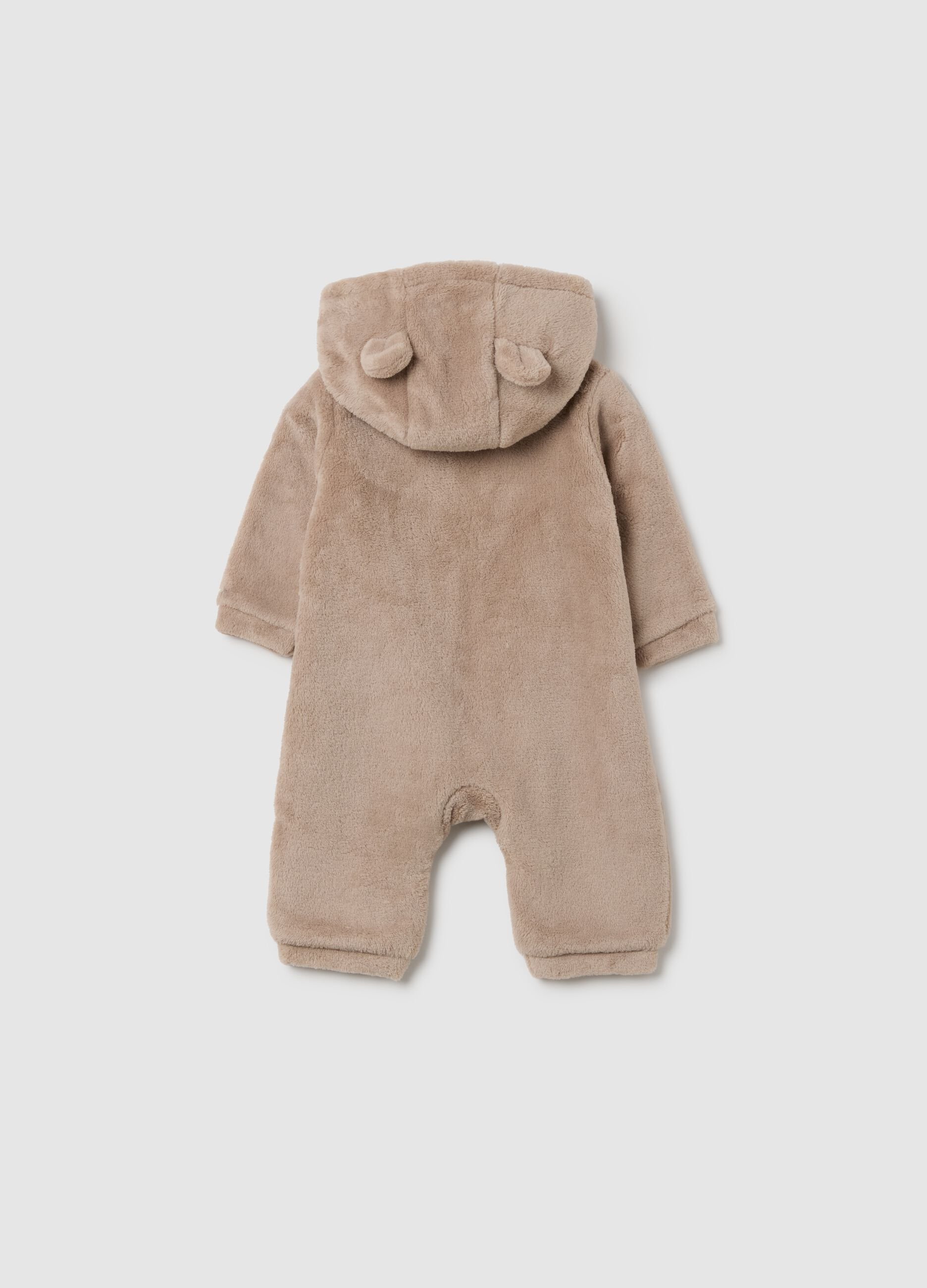 Tutina da neonato in pile beige con cappuccio