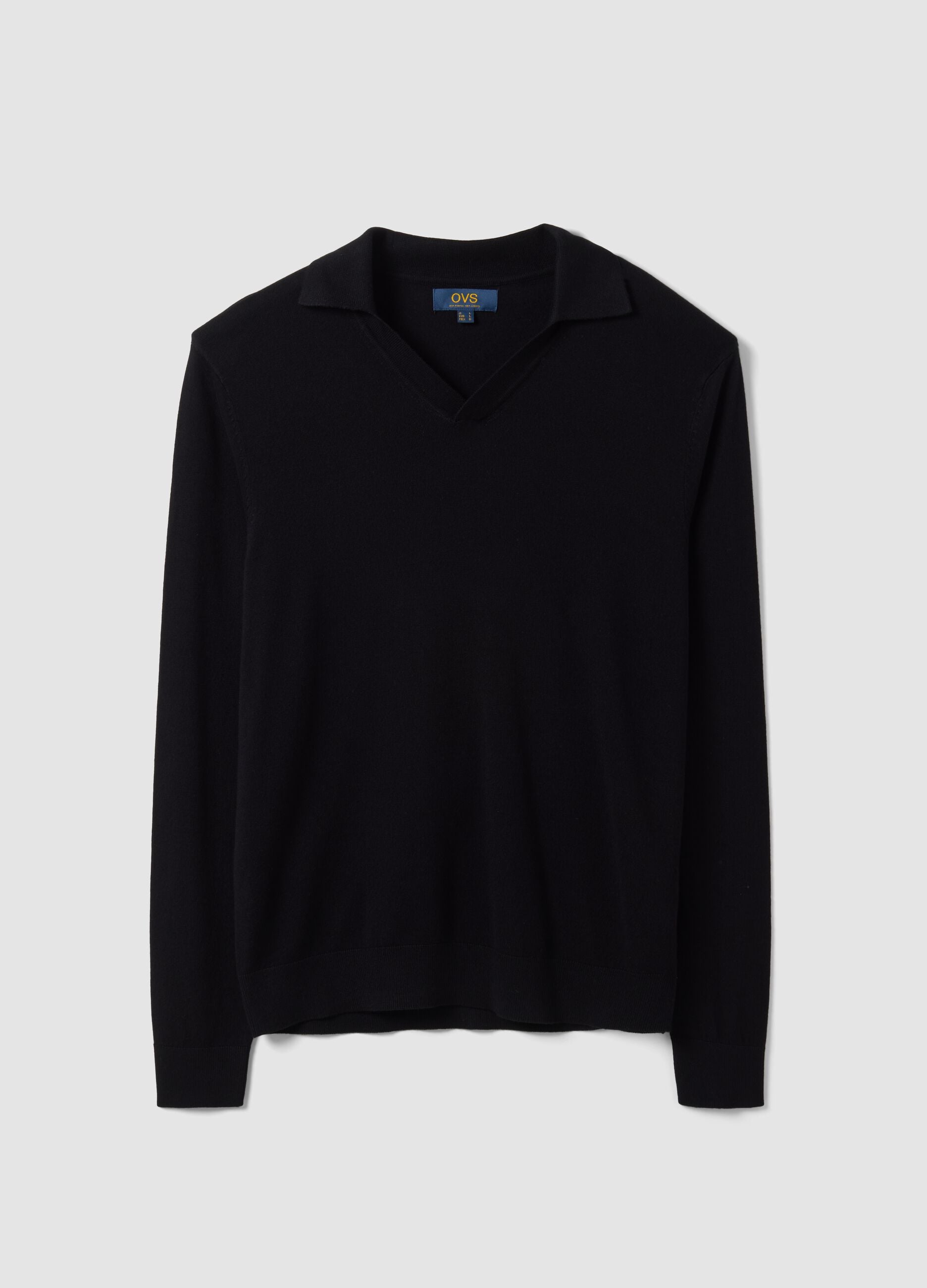 Black viscose-blend polo shirt with V-neck and regular fit collar
