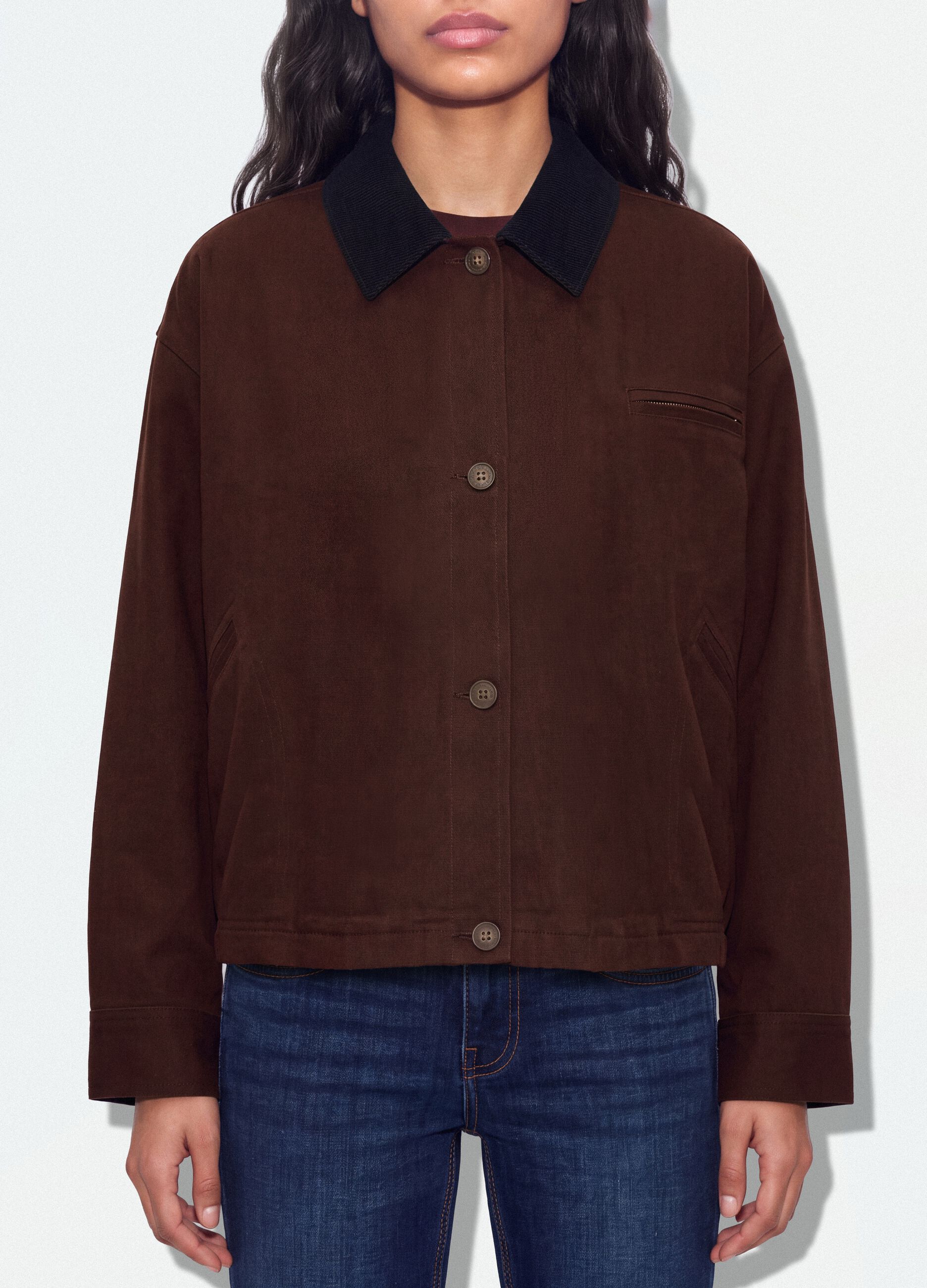 Bomber marrone in puro cotone con colletto a contrasto regular fit
