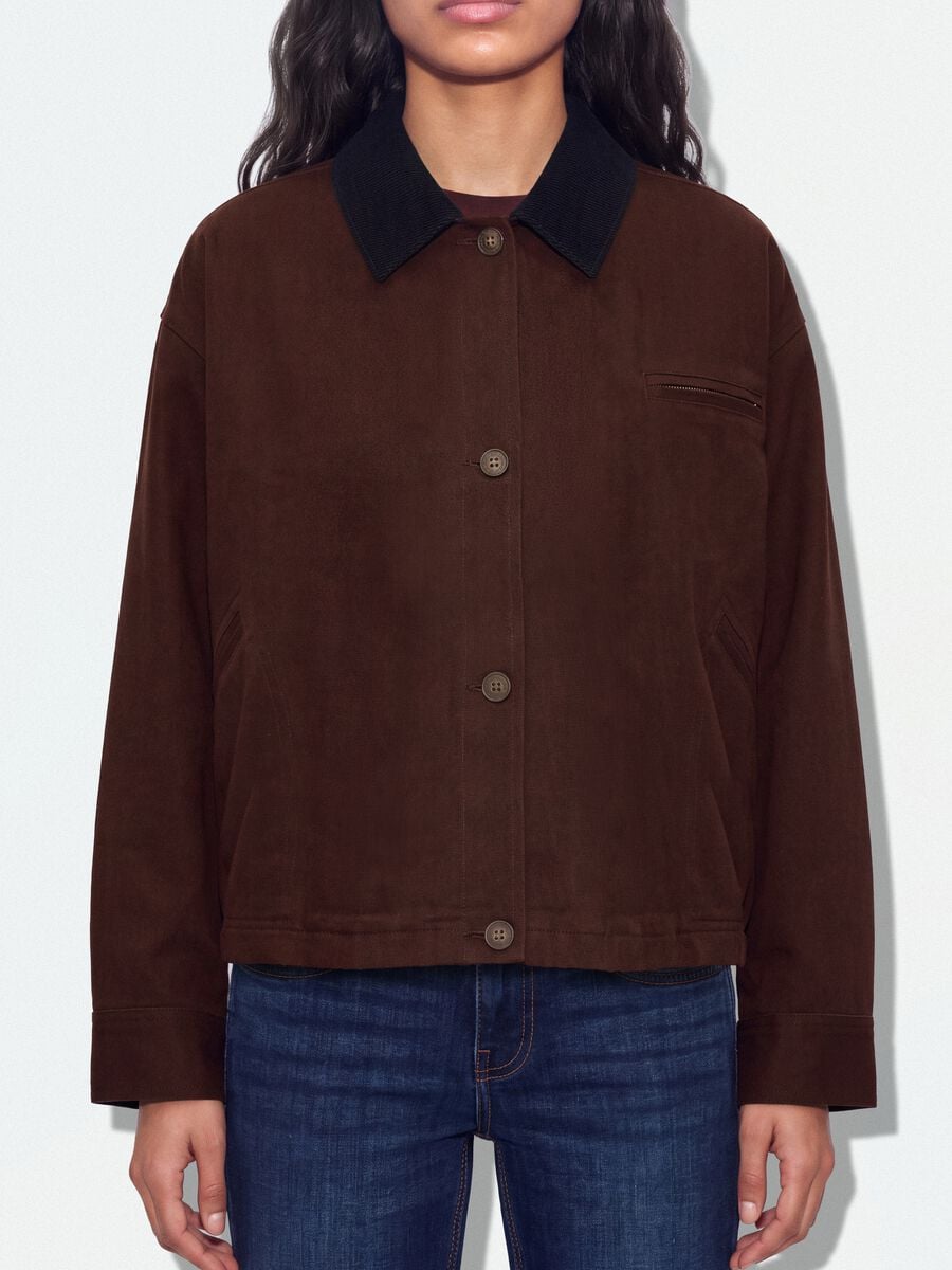 Bomber marrone in puro cotone con colletto a contrasto regular fit_2