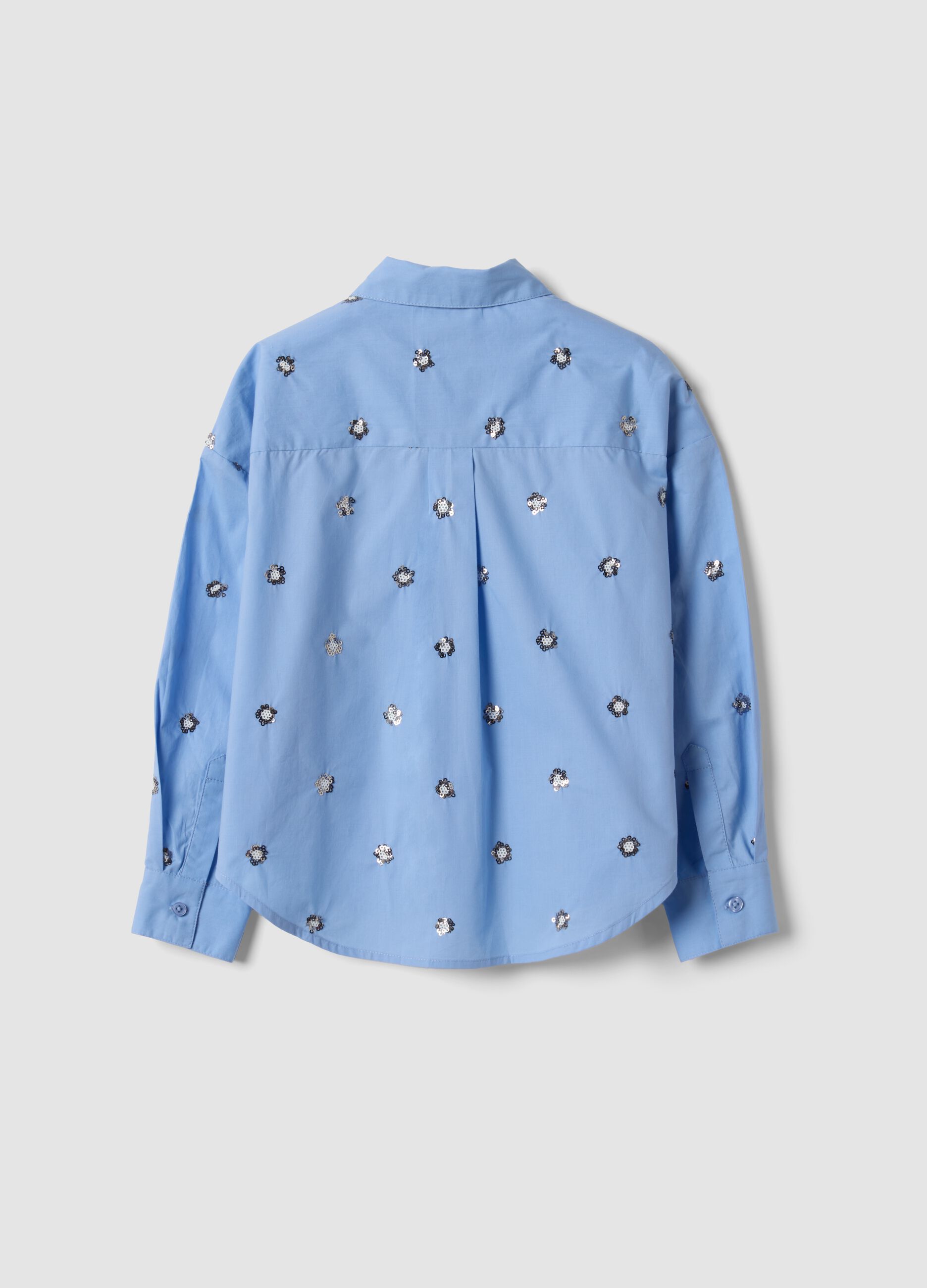 Light blue oversized pure cotton shirt with floral sequins