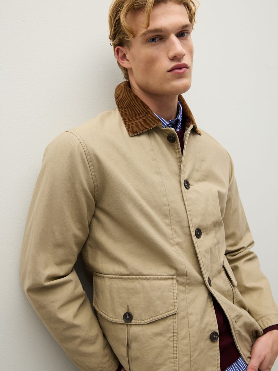 Giacca in puro cotone beige con chiusura a zip_3