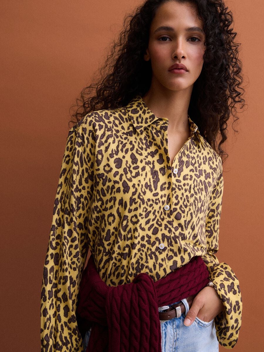 Yellow pure viscose animal-print shirt, regular fit_1