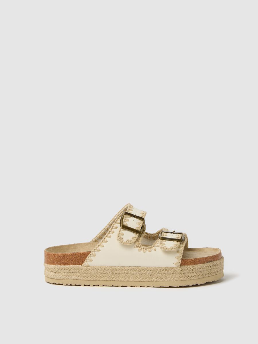 Beige platform sandals with double buckle_0