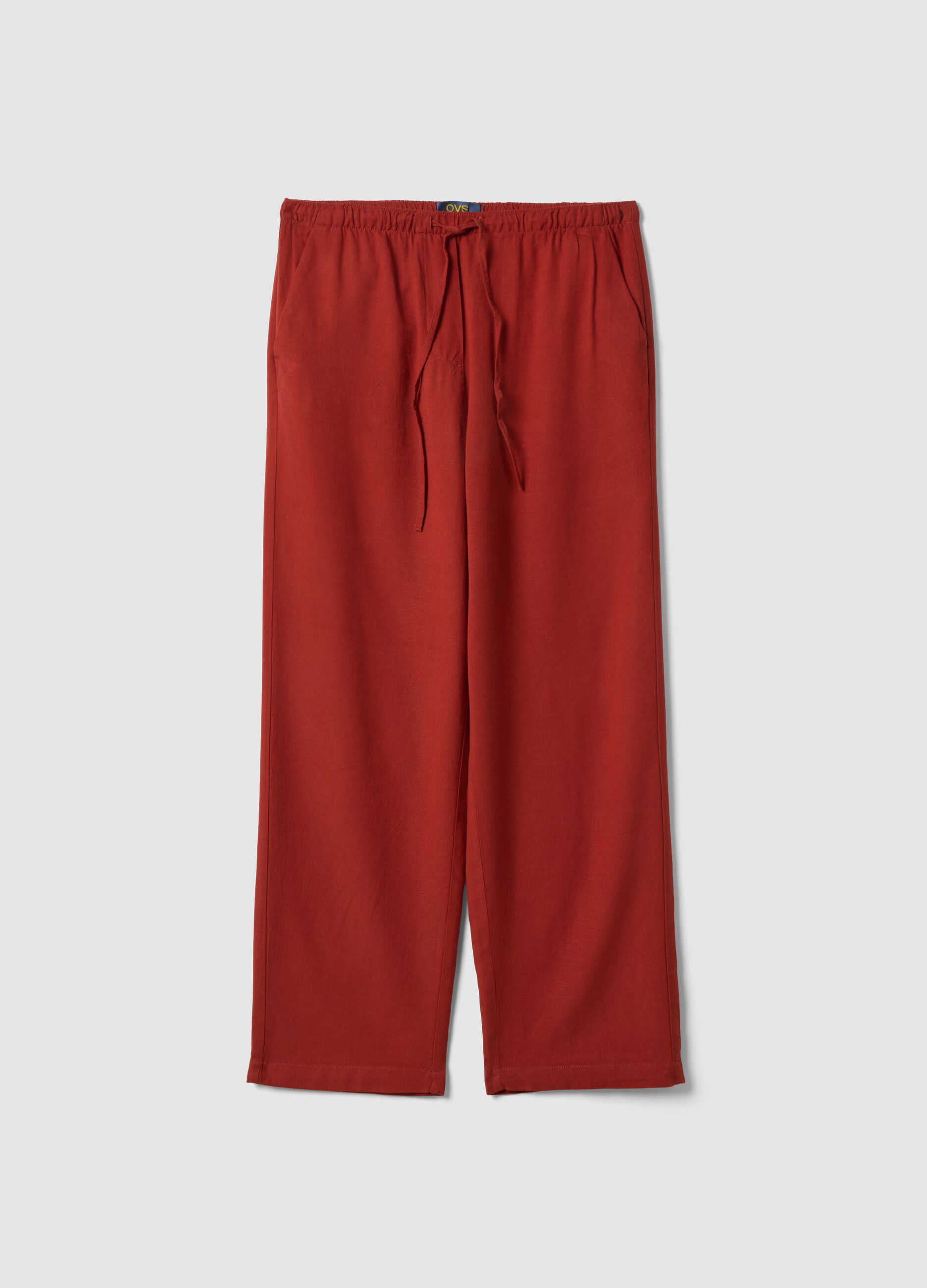 Red viscose-linen blend straight-fit trousers with drawstring