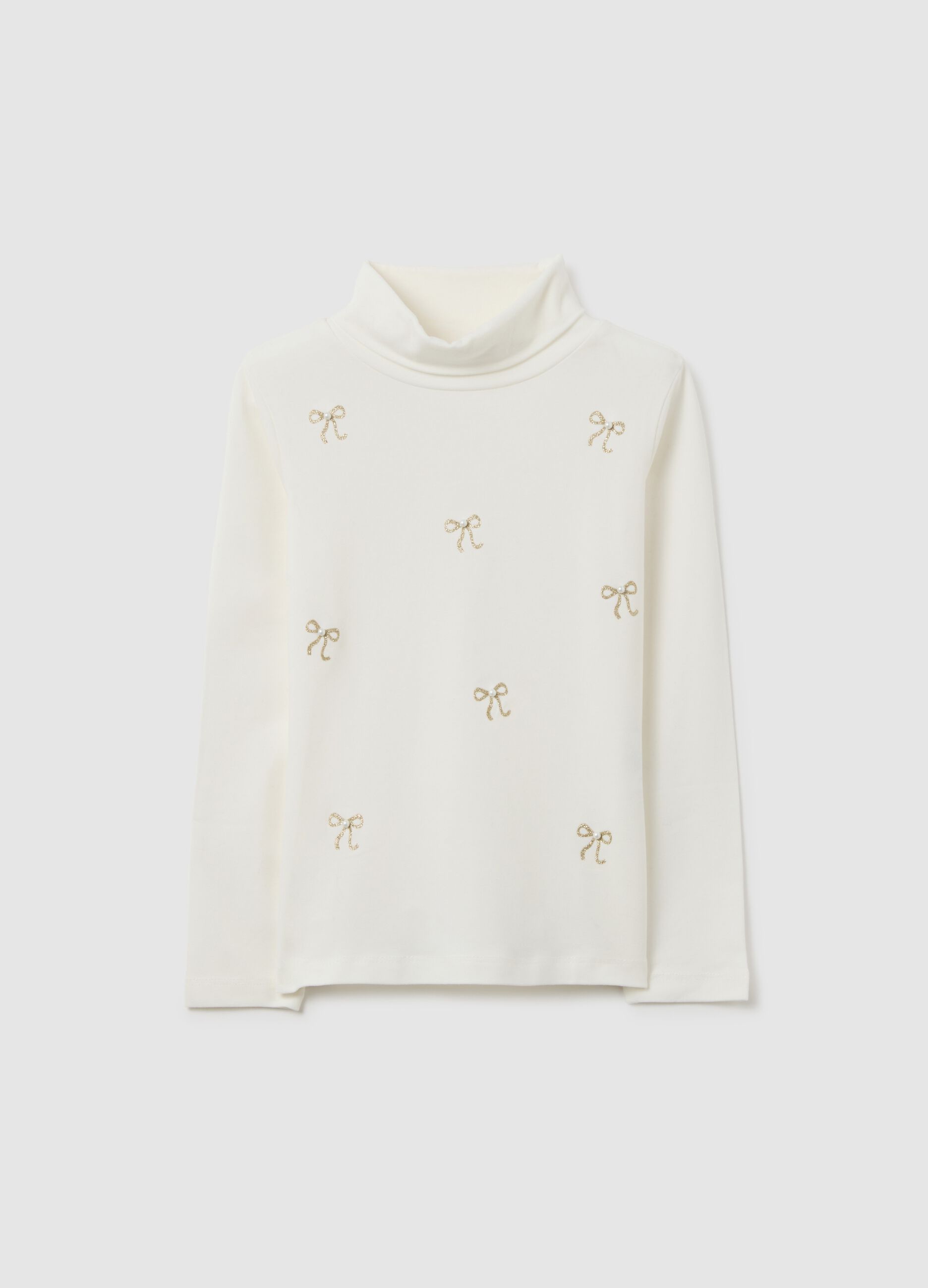 Girl's white turtleneck top in regular fit cotton blend