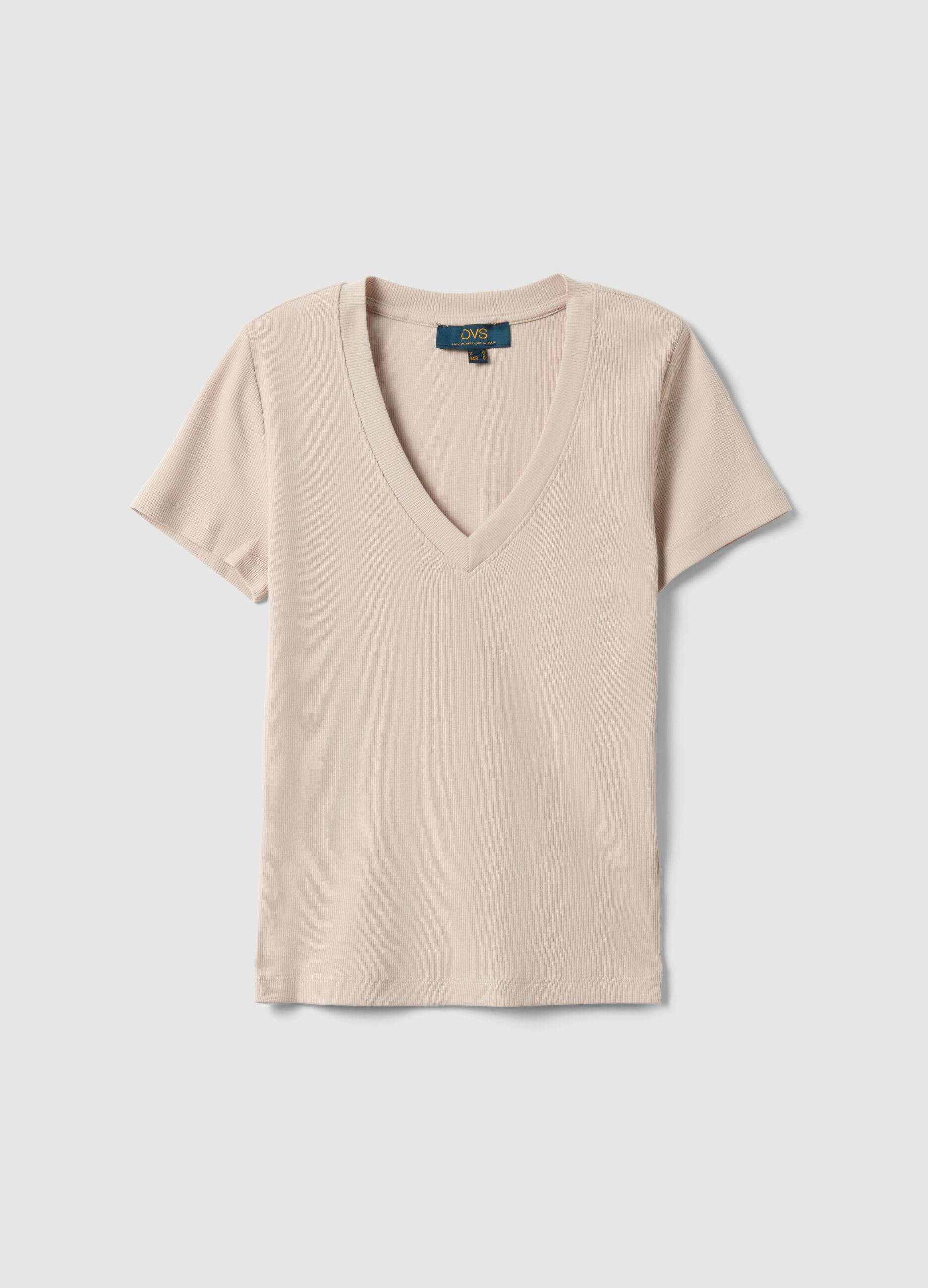 Beige Stretch Cotton Regular Fit T-shirt Deep V