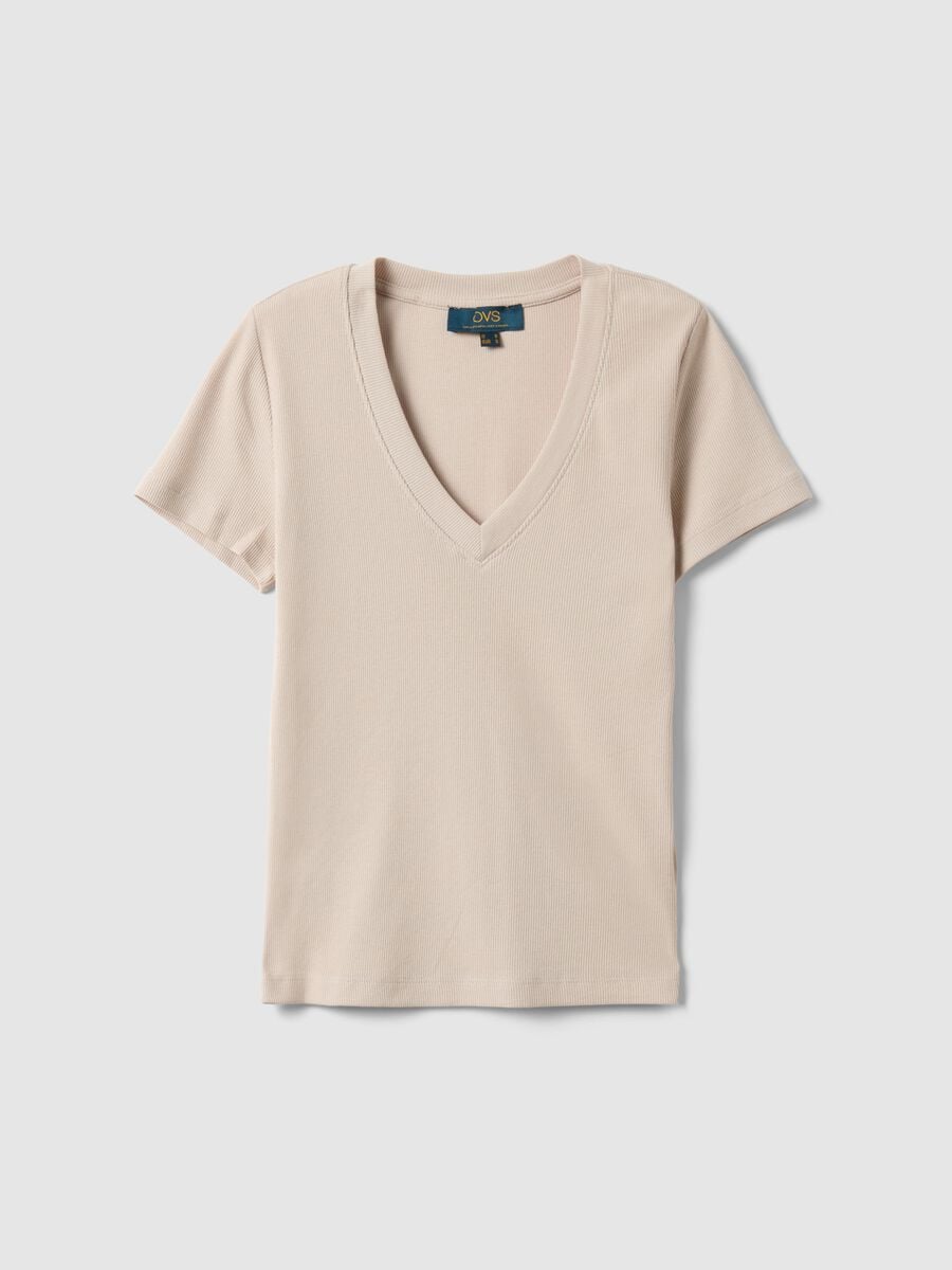 T-shirt in cotone elasticizzato beige regular fit deep V_4