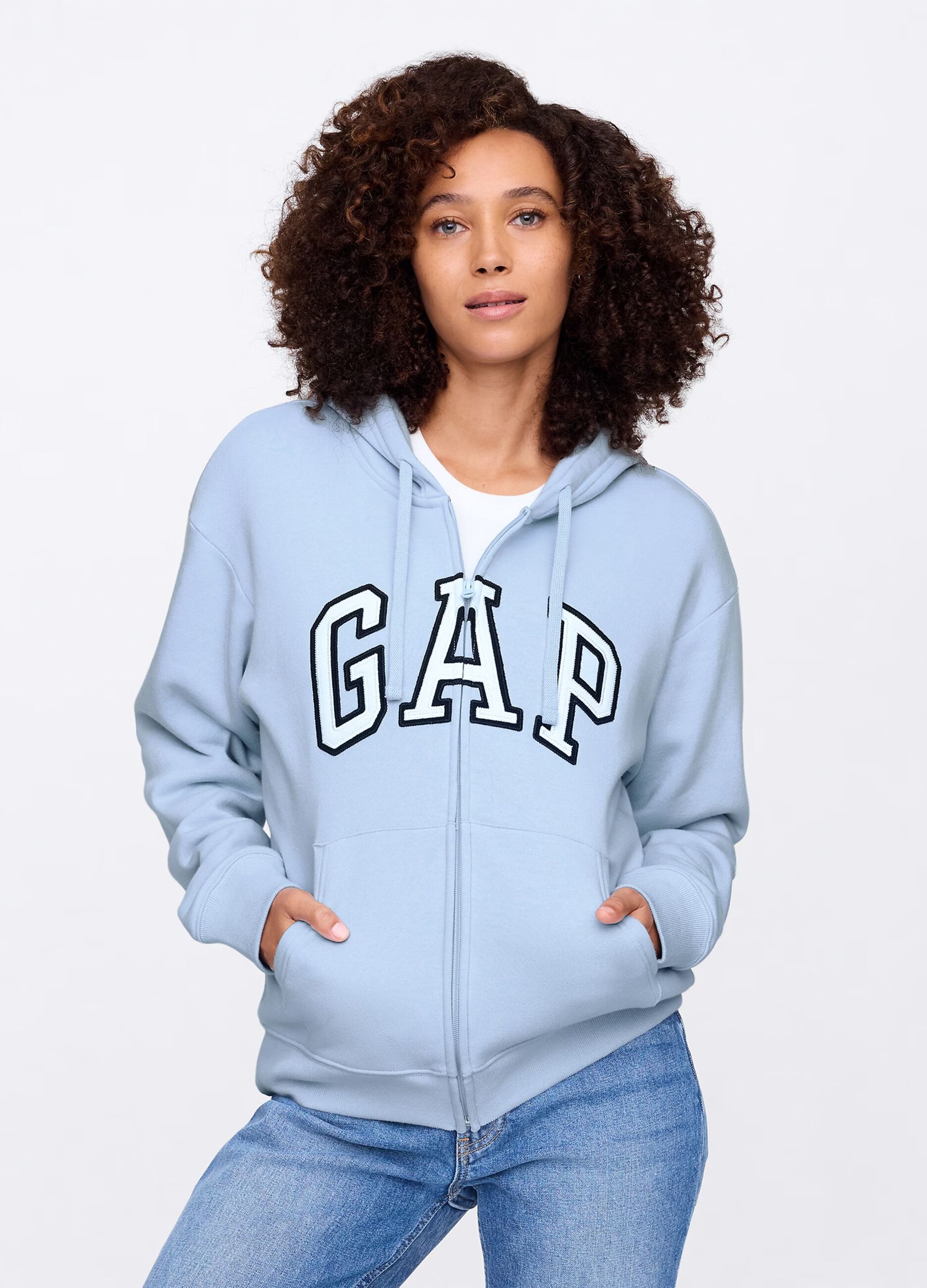 Light blue full-zip sweatshirt with hood and logo