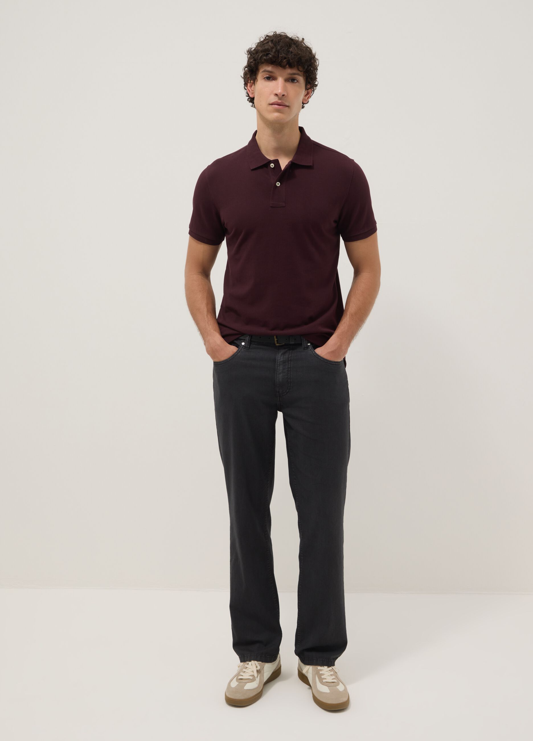 Black casual linen-cotton blend regular-fit trousers