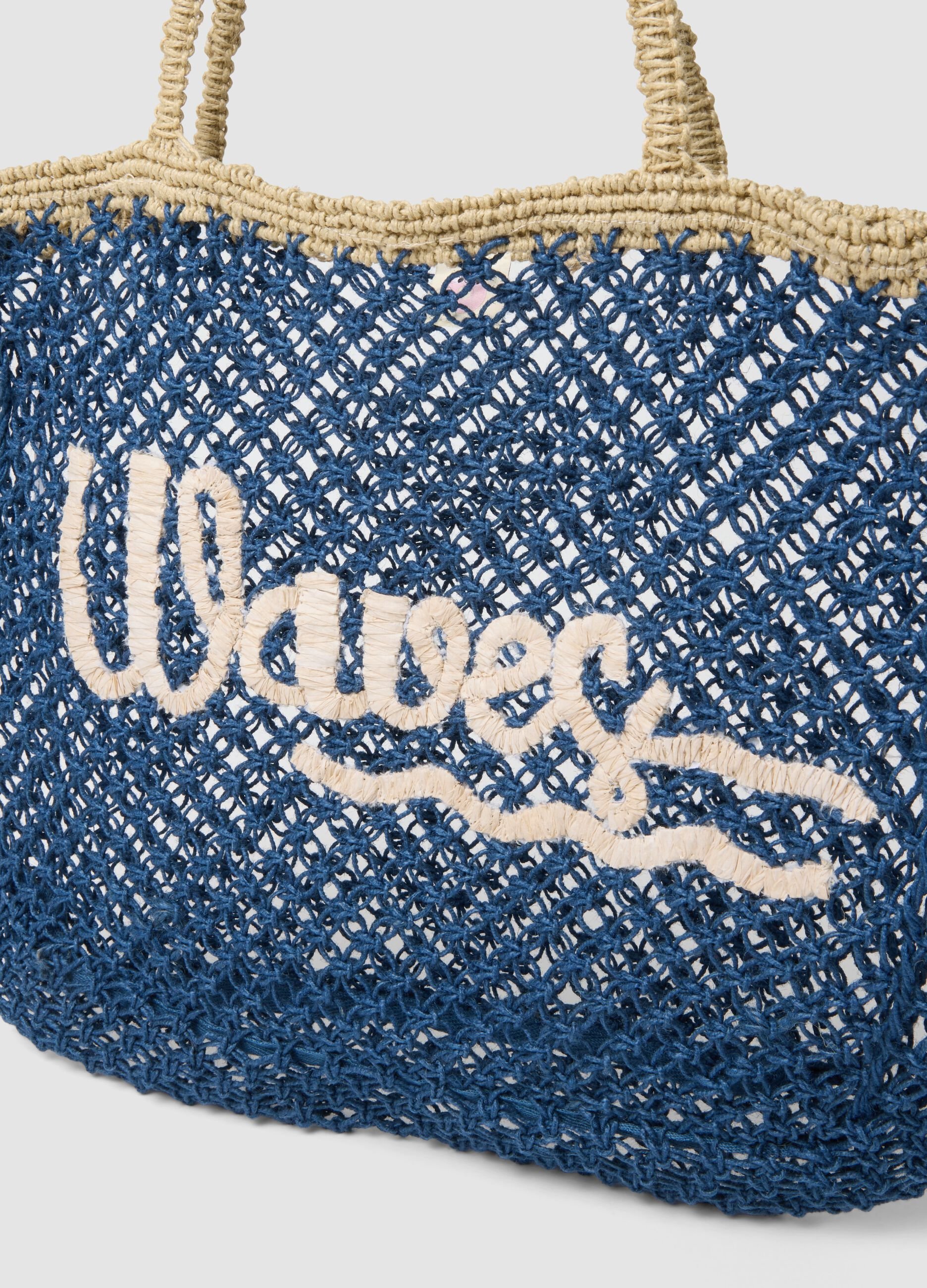 Multicolour open-knit jute-blend beach bag