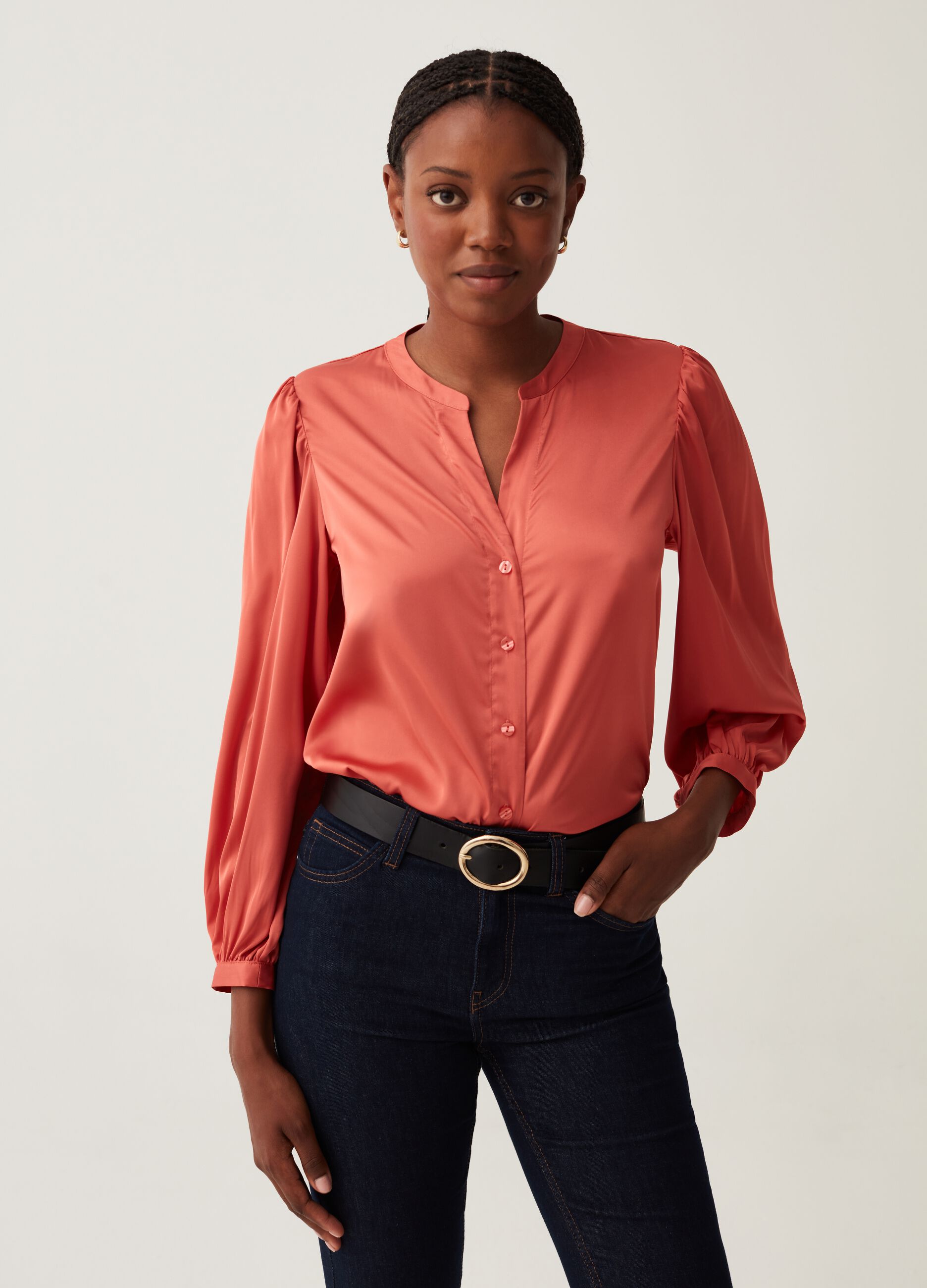 Camicia in satin con collo alla coreana_0