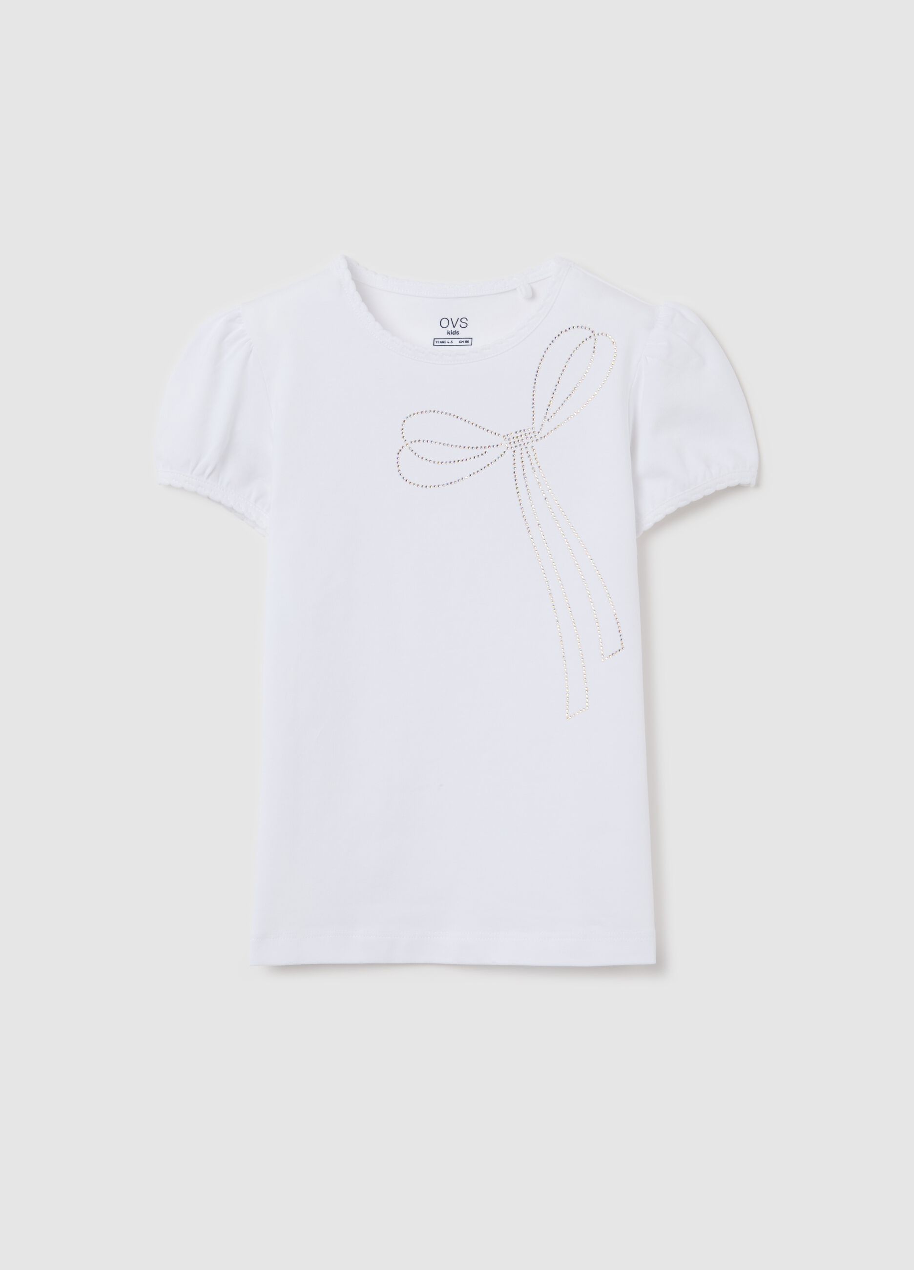 T-shirt bianca in cotone stretch con fiocco di strass