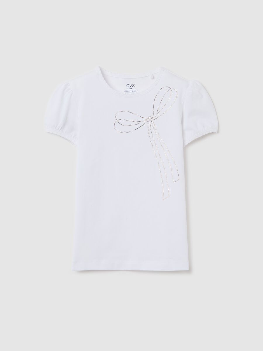 White T-shirt in stretch cotton with diamanté bow_0