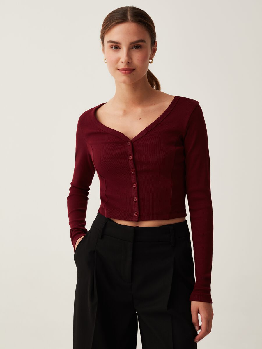 T-shirt cropped a maniche lunghe con bottoni_1