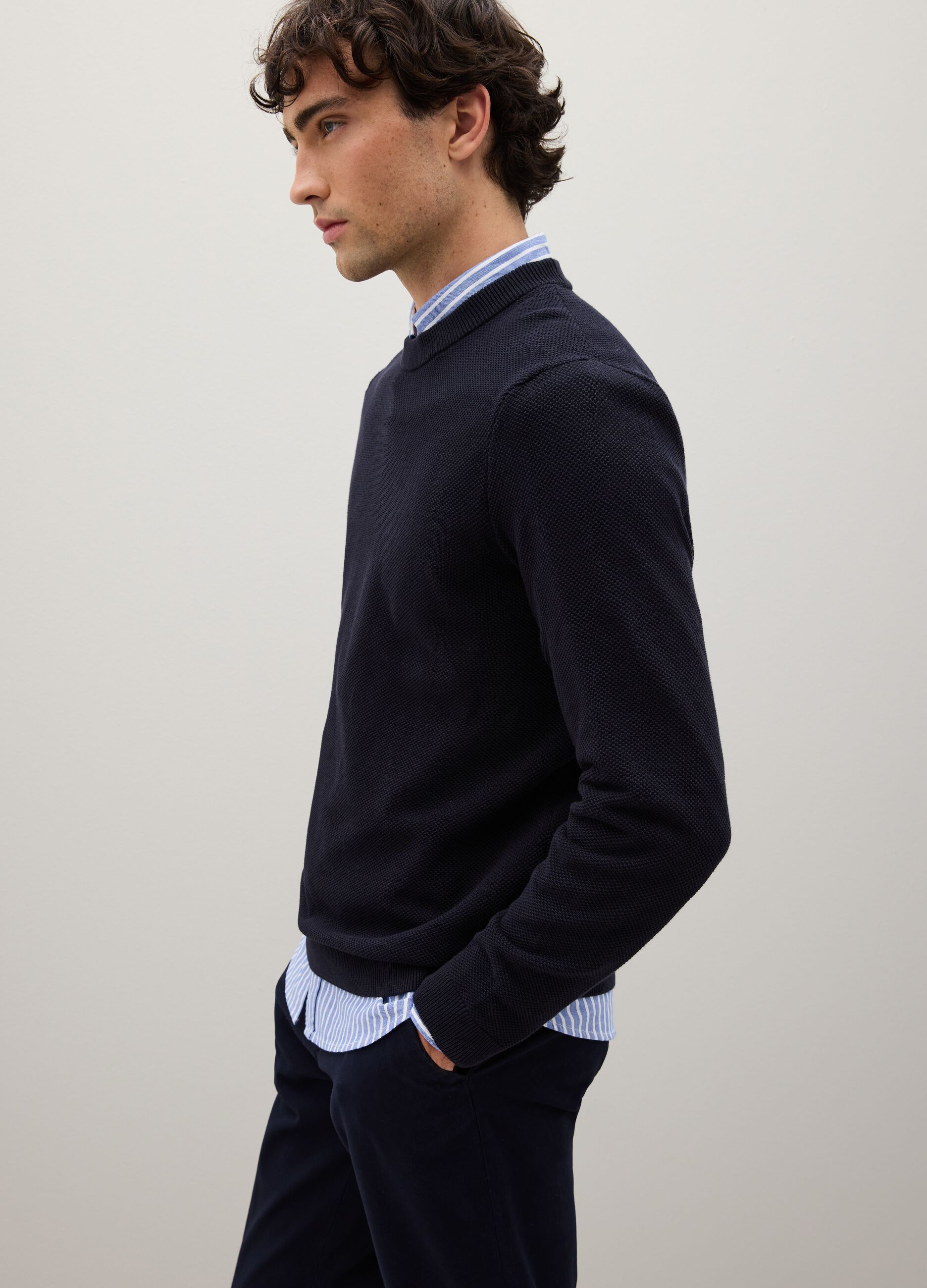 Blue Cotton Sweater with Round Neck