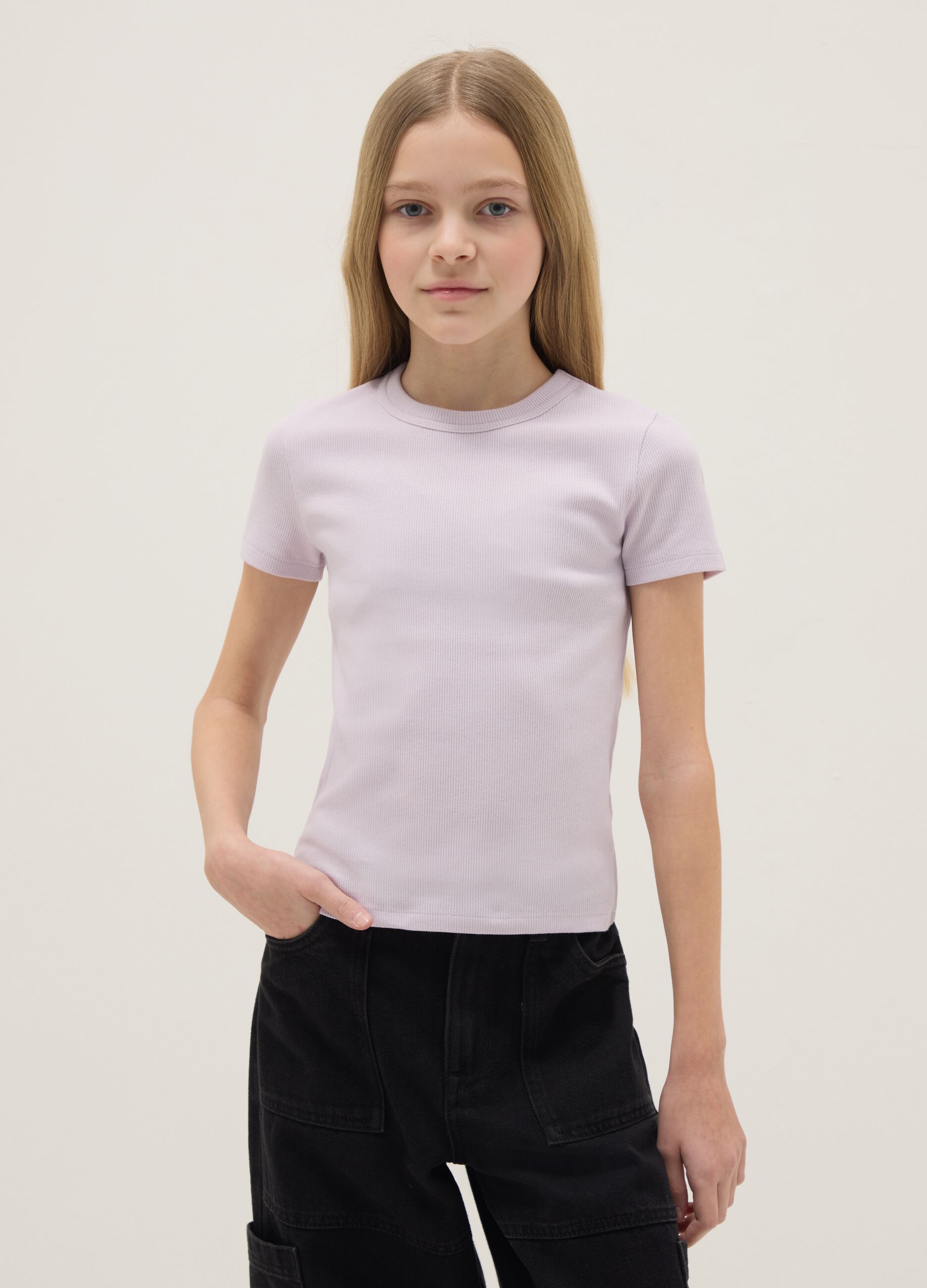 T-shirt fitted in cotone elasticizzato viola per ragazza