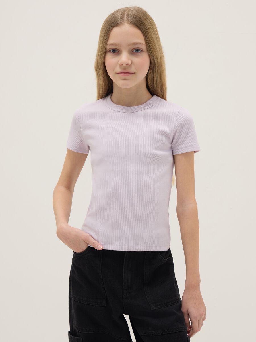 T-shirt fitted in cotone elasticizzato viola per ragazza_0