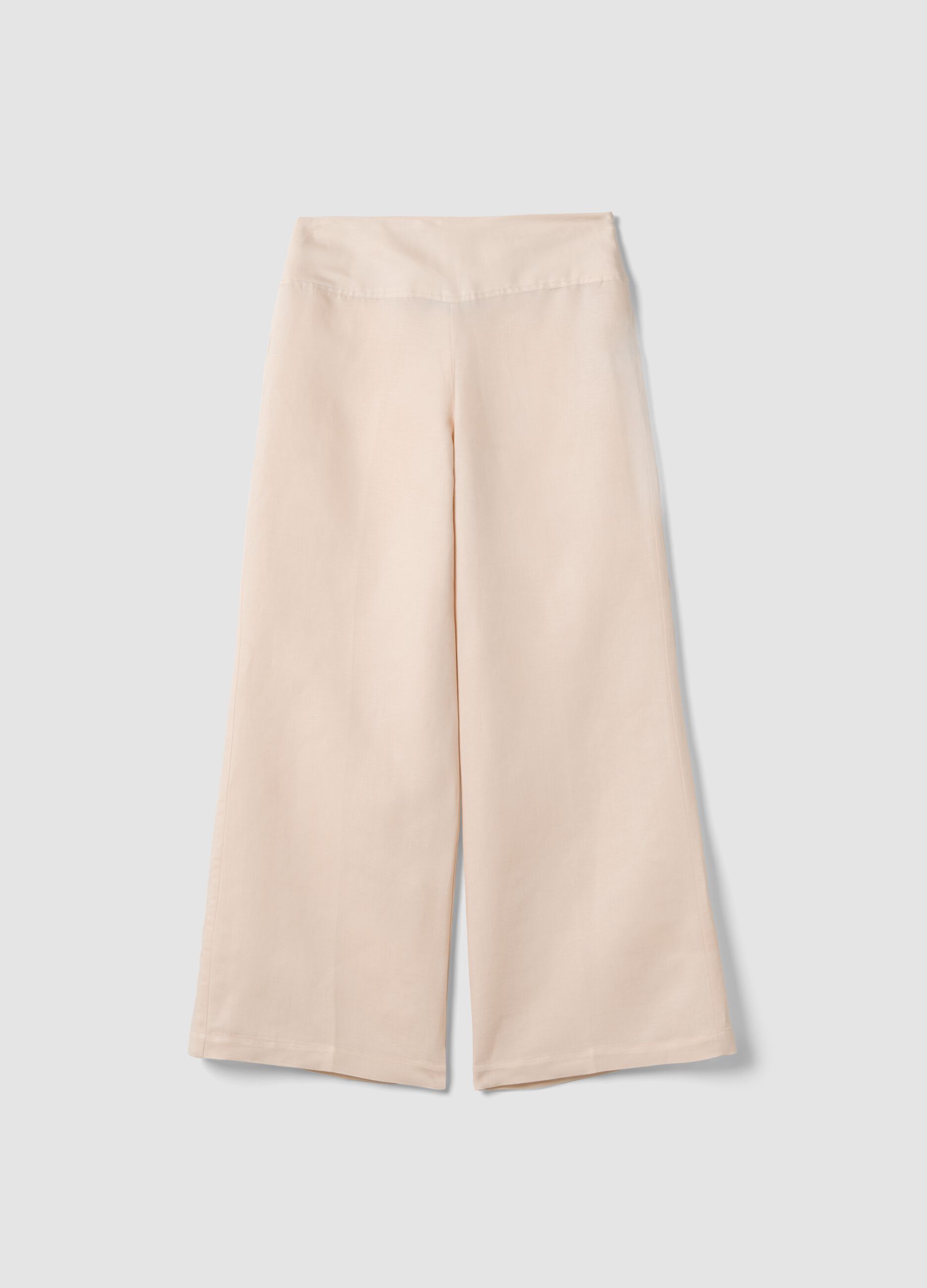 Pink linen-viscose blend wide-leg trousers with side zip fastening