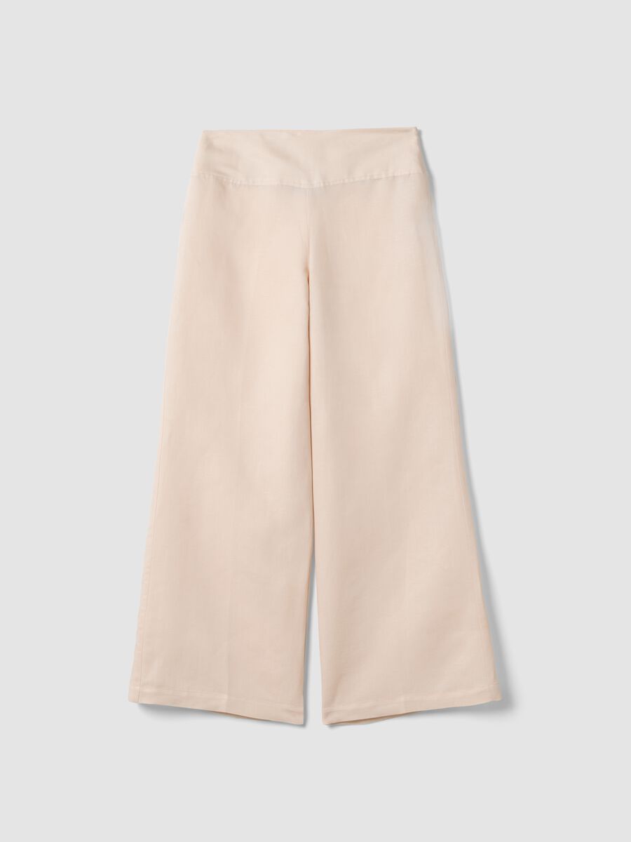 Pink linen-viscose blend wide-leg trousers with side zip fastening_0
