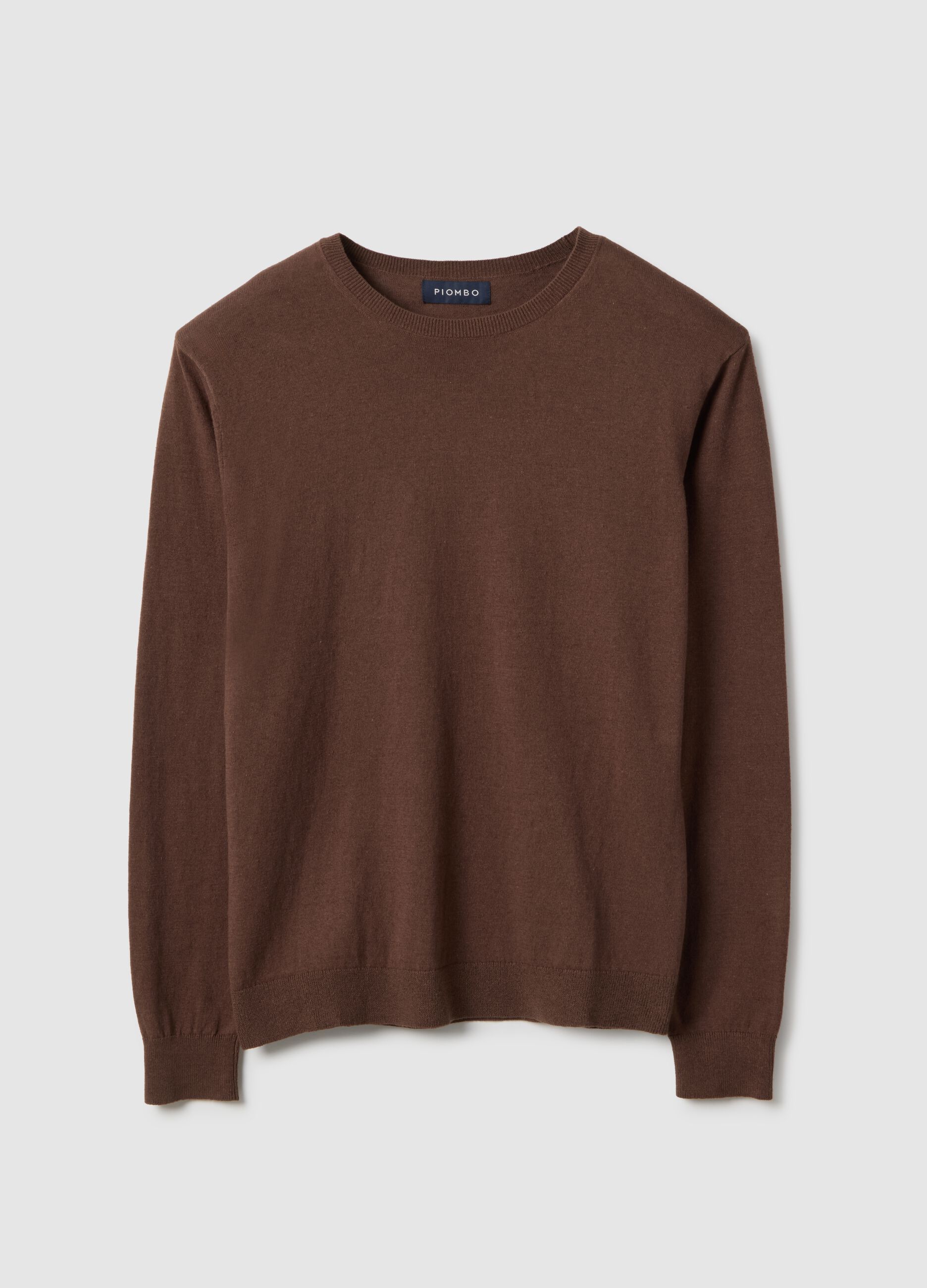Brown cotton and linen crew neck pullover regular fit