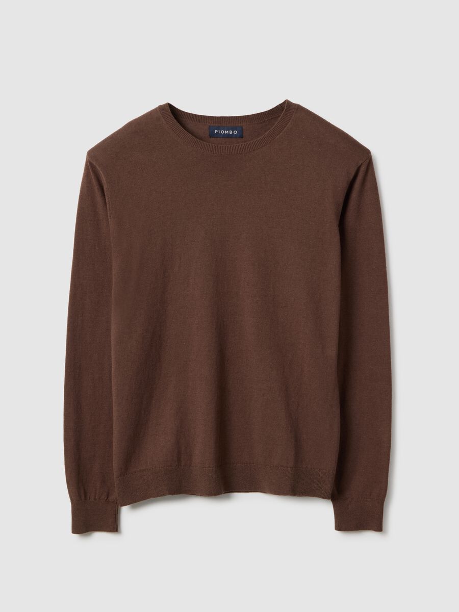 Pullover girocollo in cotone e lino marrone regular fit_0