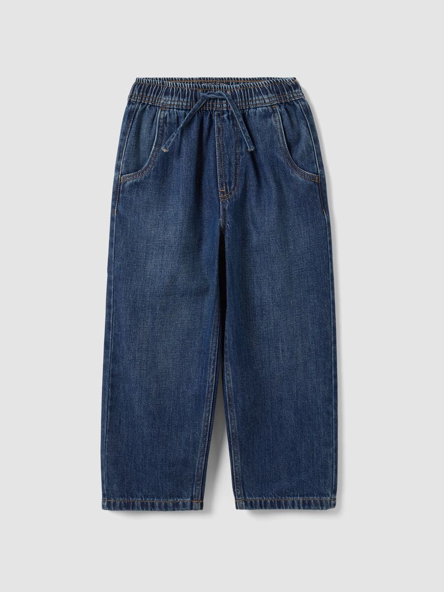 Jogger blu scuro in misto cotone e viscosa con coulisse per bambino_0