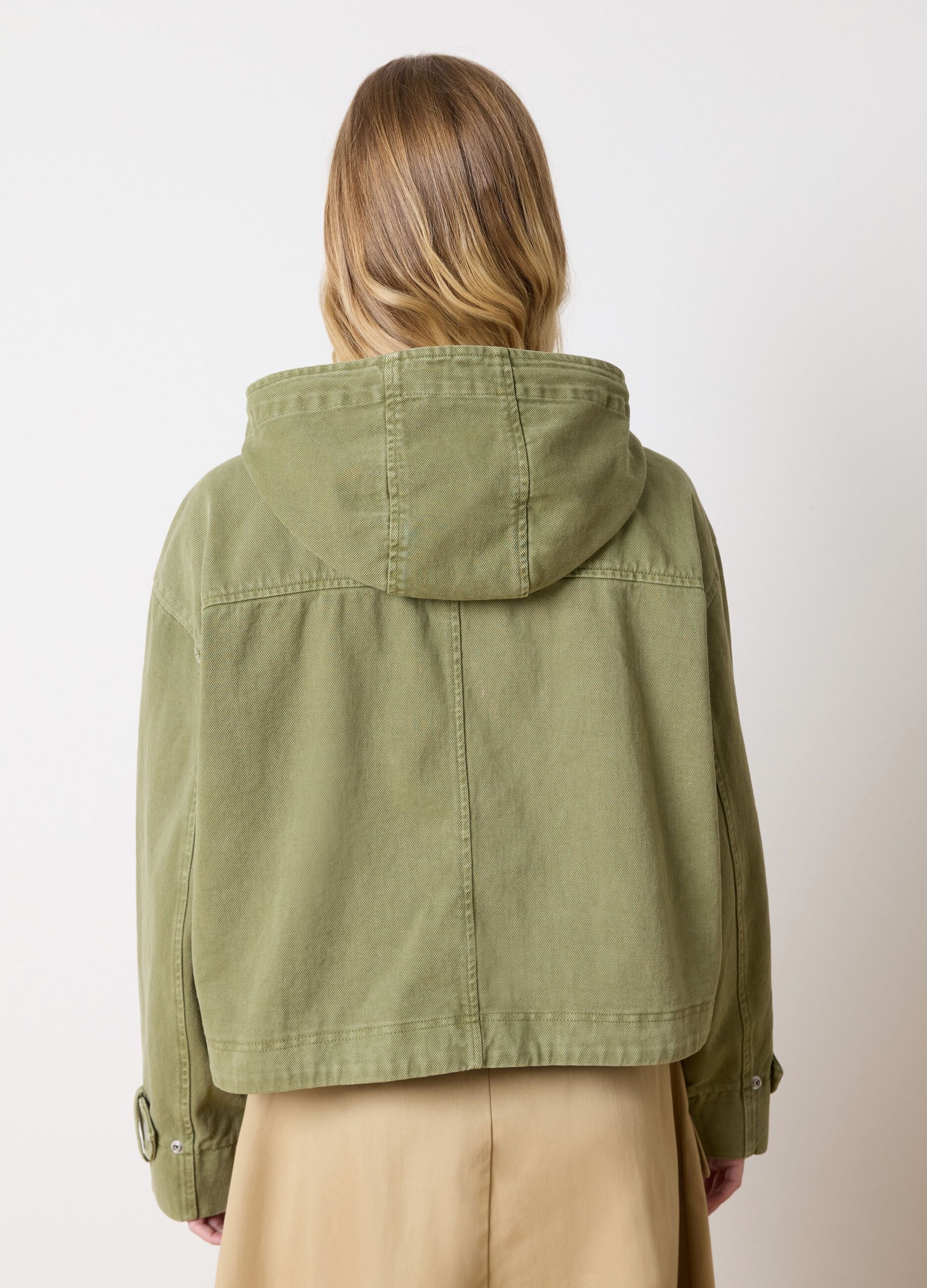 Green shacket in cotton with hood