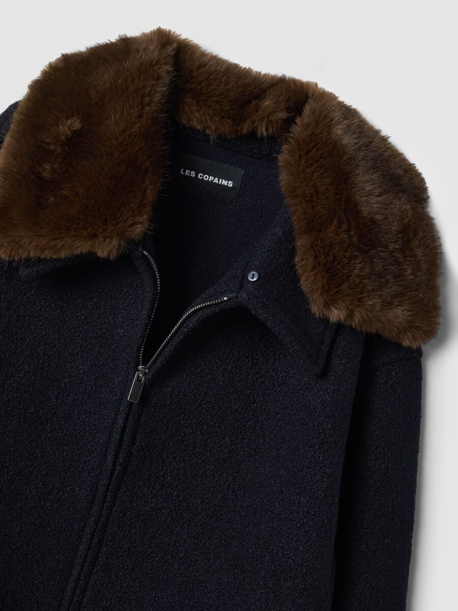 Blue wool-blend cardigan with faux-fur effect collar_1