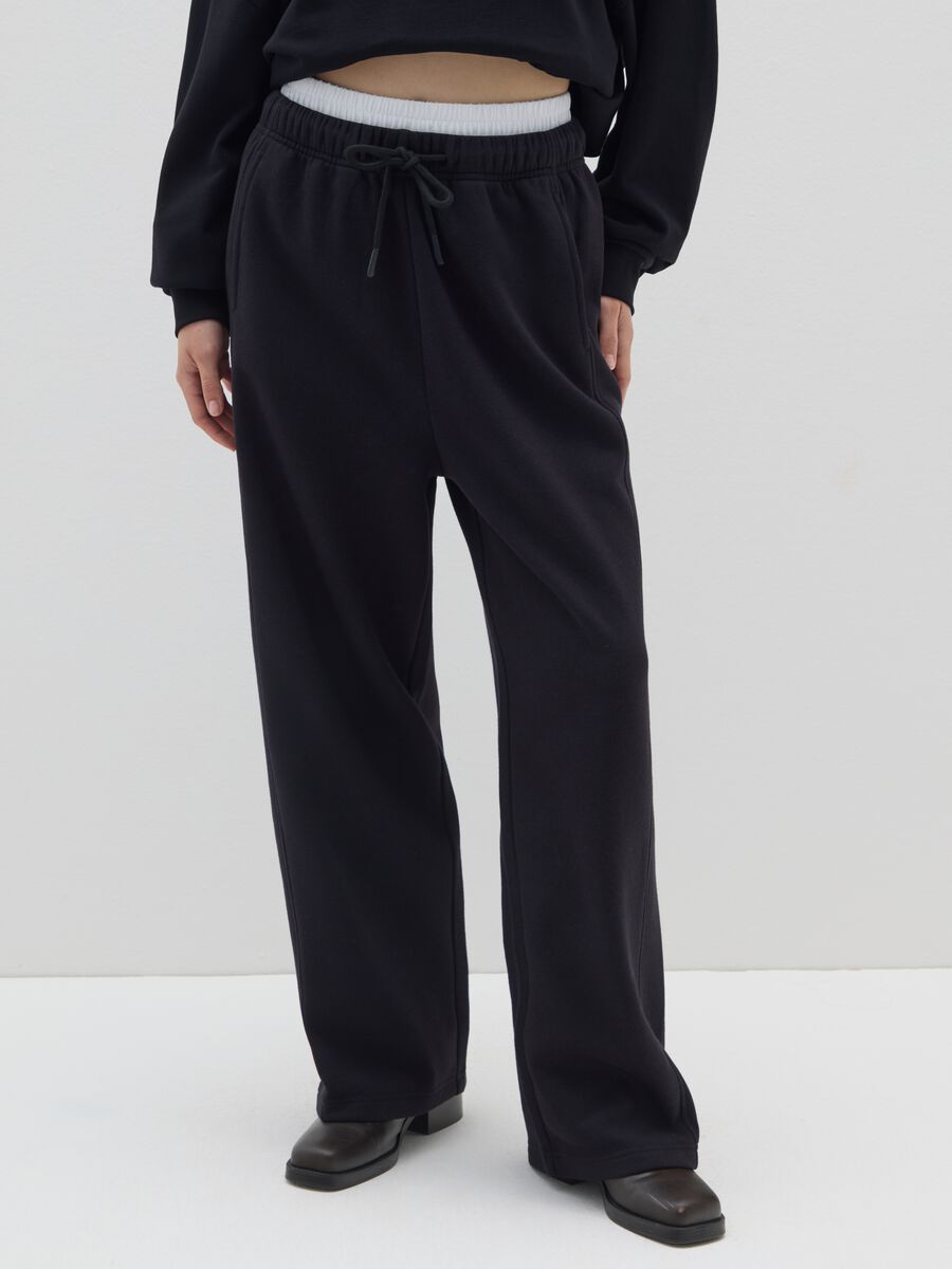 Black cotton blend wide leg joggers_1