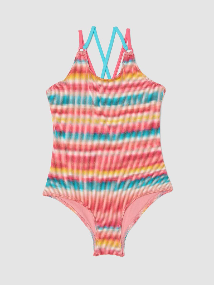 Costume intero a righe multicolor in tessuto elasticizzato per bambina_0