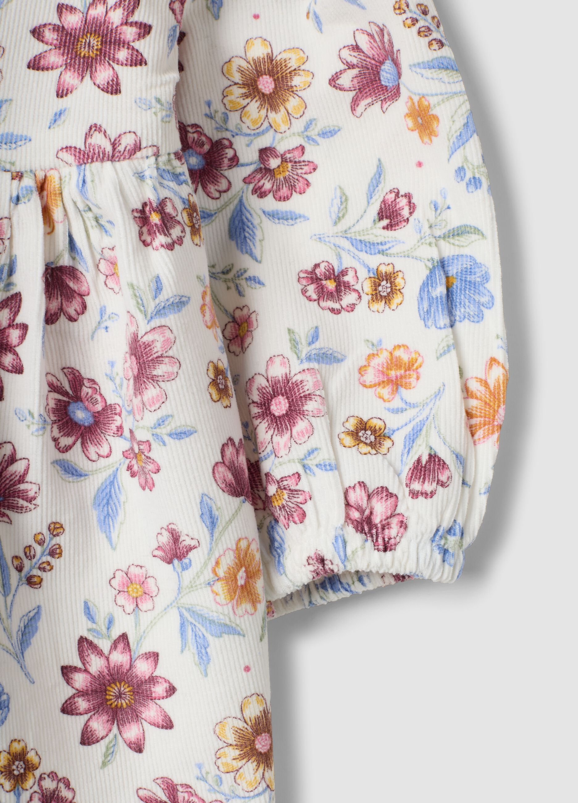 White crew-neck dress in pure organic cotton with floral print