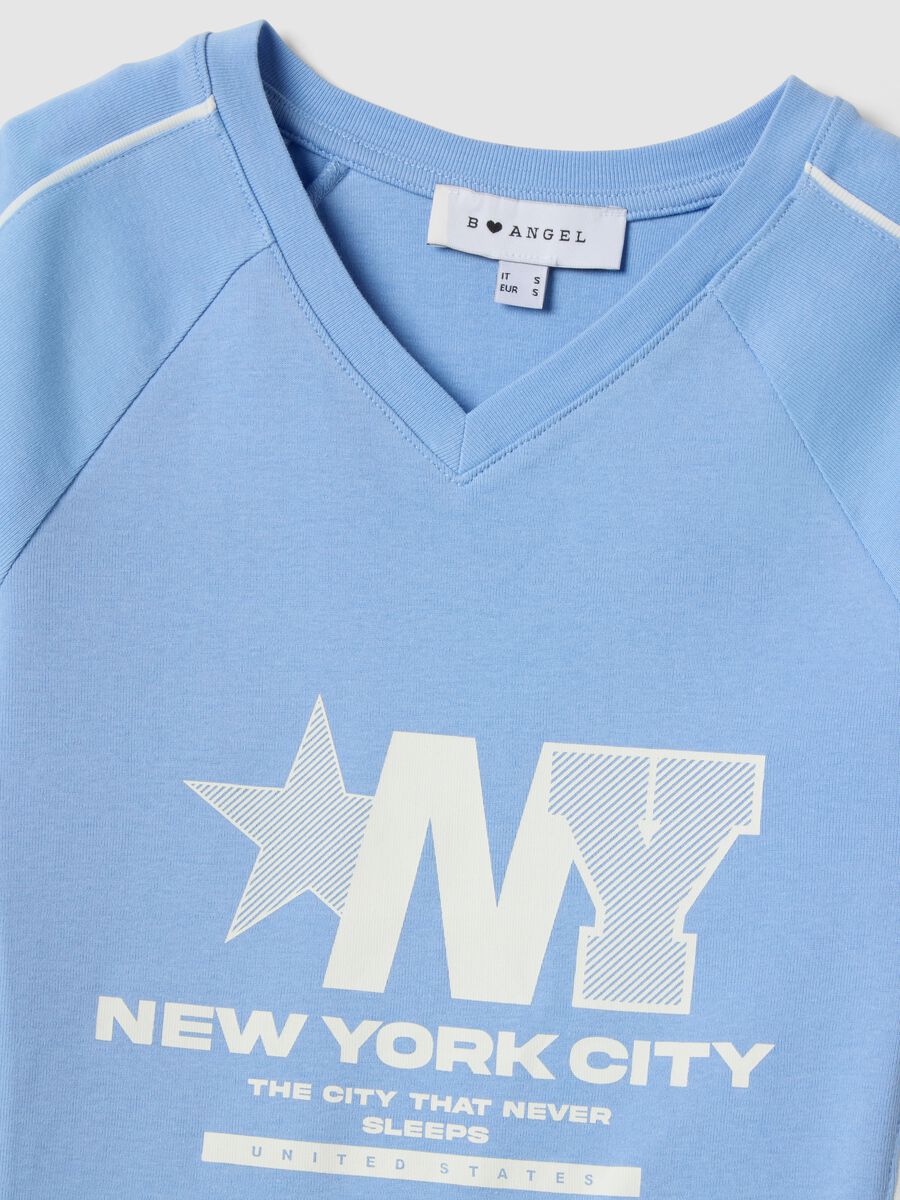 Blue pure cotton slim fit V-neck T-shirt with print_5