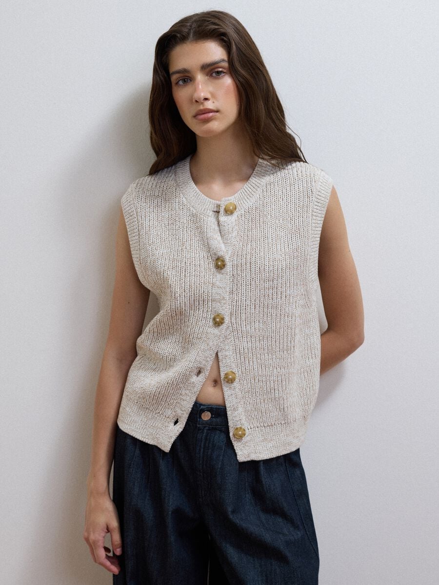 Gilet bianco in puro cotone a maglia con girocollo regular fit_0