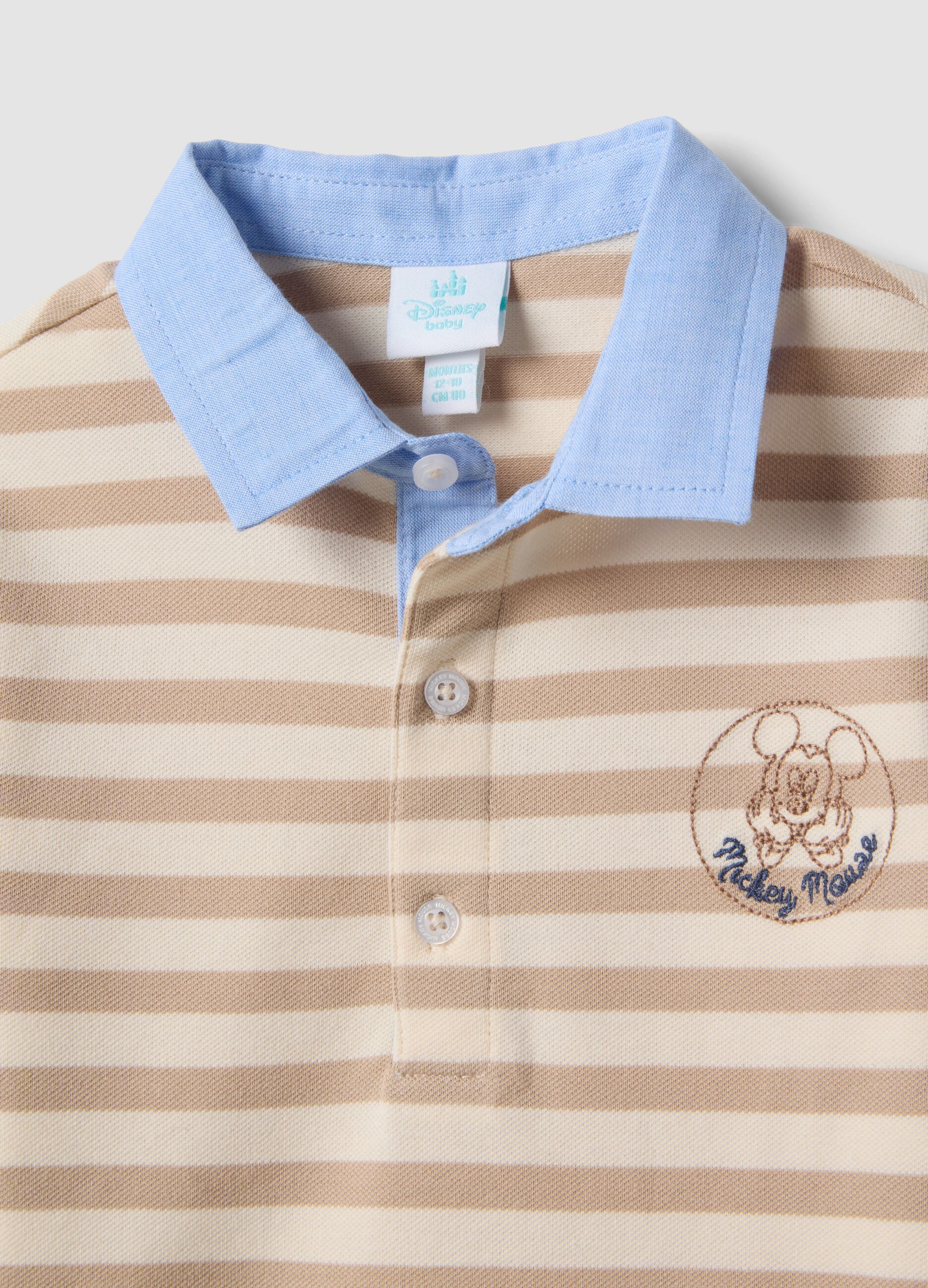 Multicolor Striped Stretch Cotton Polo with Mickey Mouse Embroidery