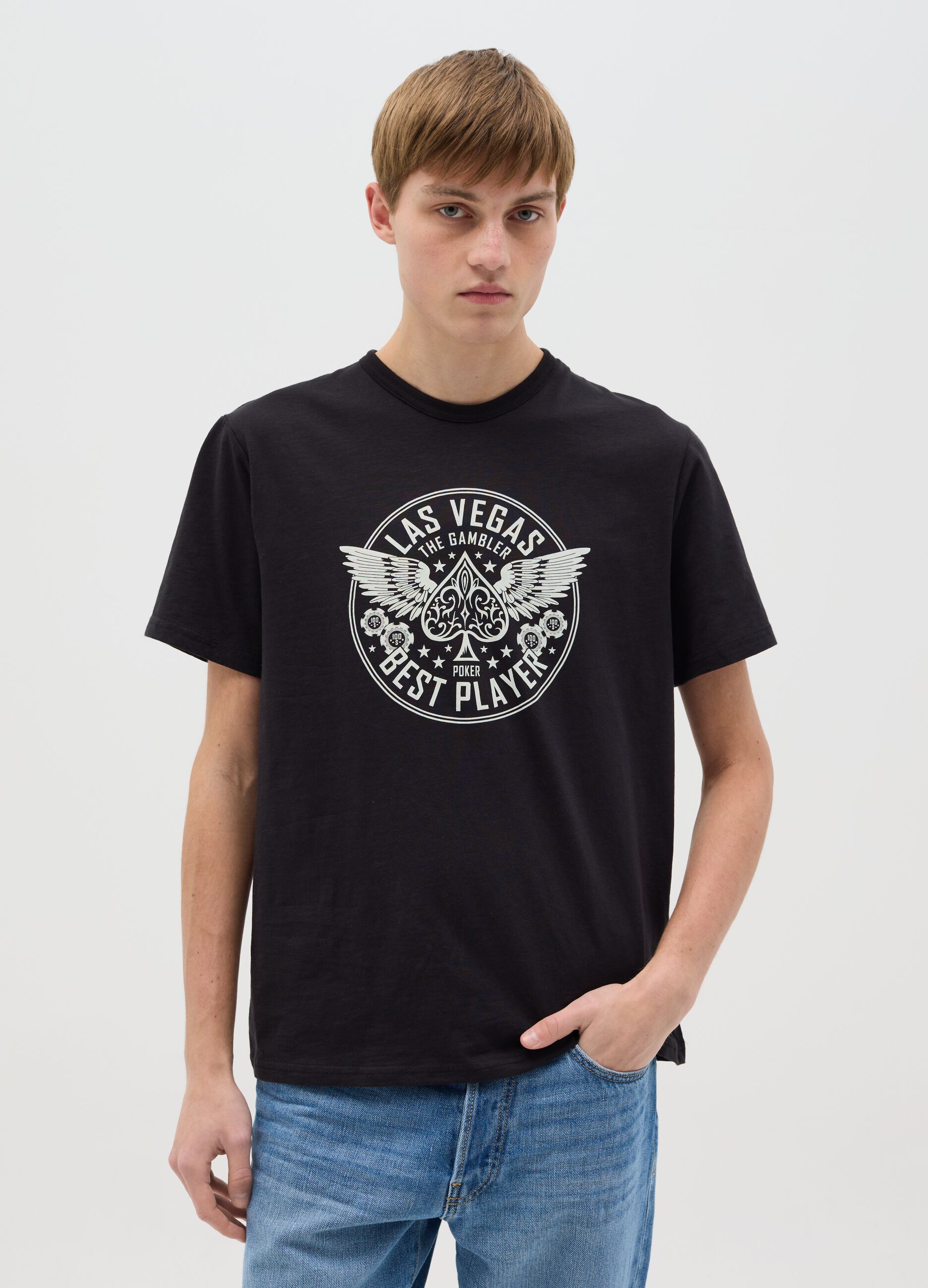 Cotton T-shirt with poker motif print