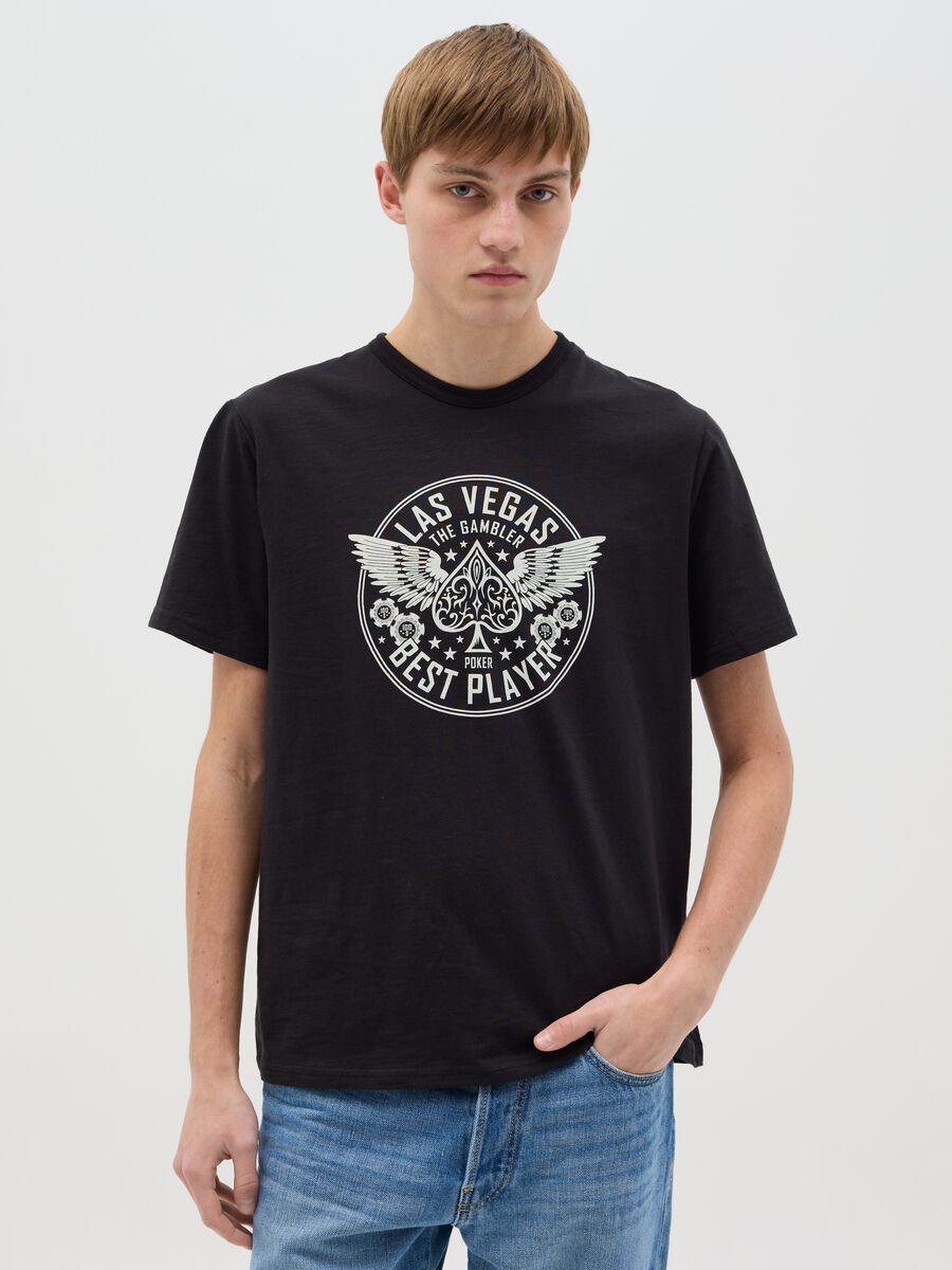 Cotton T-shirt with poker motif print_0