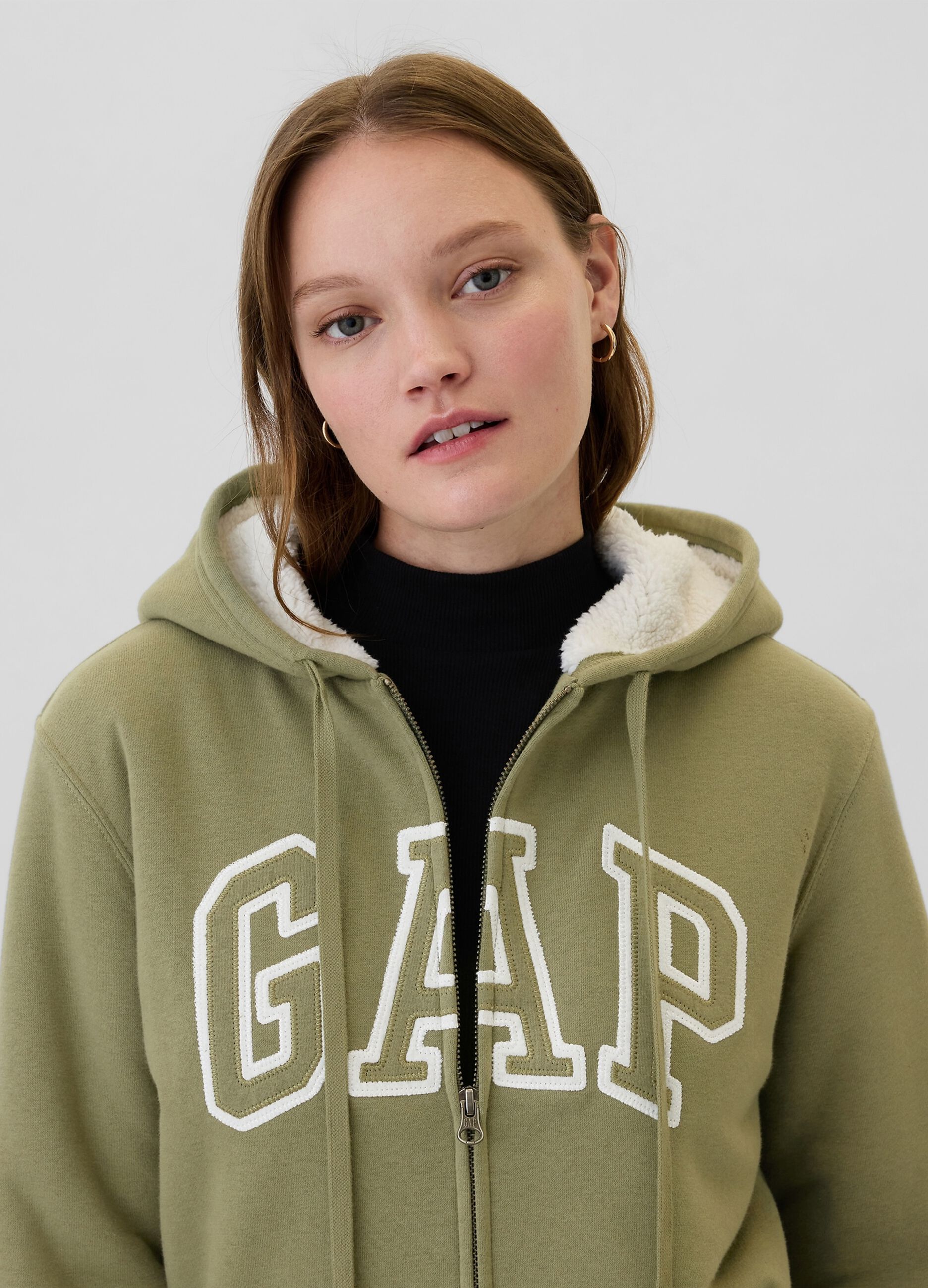 Full-zip sweatshirt with sherpa lining and logo embroidery