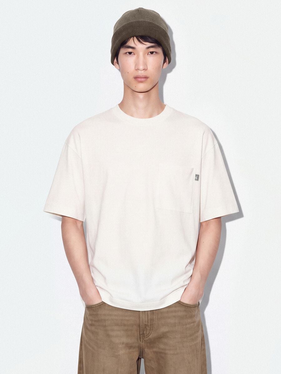 White pure cotton crew-neck T-shirt with chest pocket, boxy fit_0